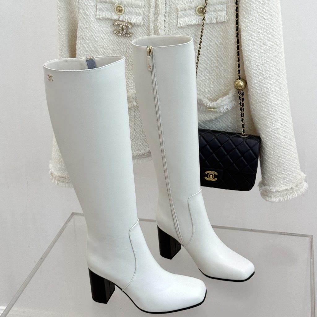 CHANEL Square Toe Block Heel Long Boots in Genuine Lambskin with Italian Leather Sole