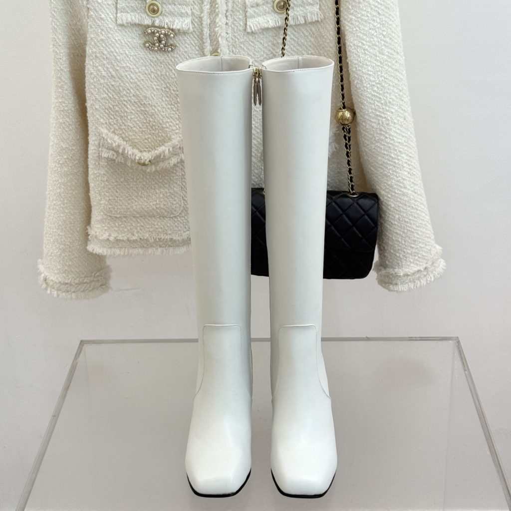 CHANEL Square Toe Block Heel Long Boots in Genuine Lambskin with Italian Leather Sole