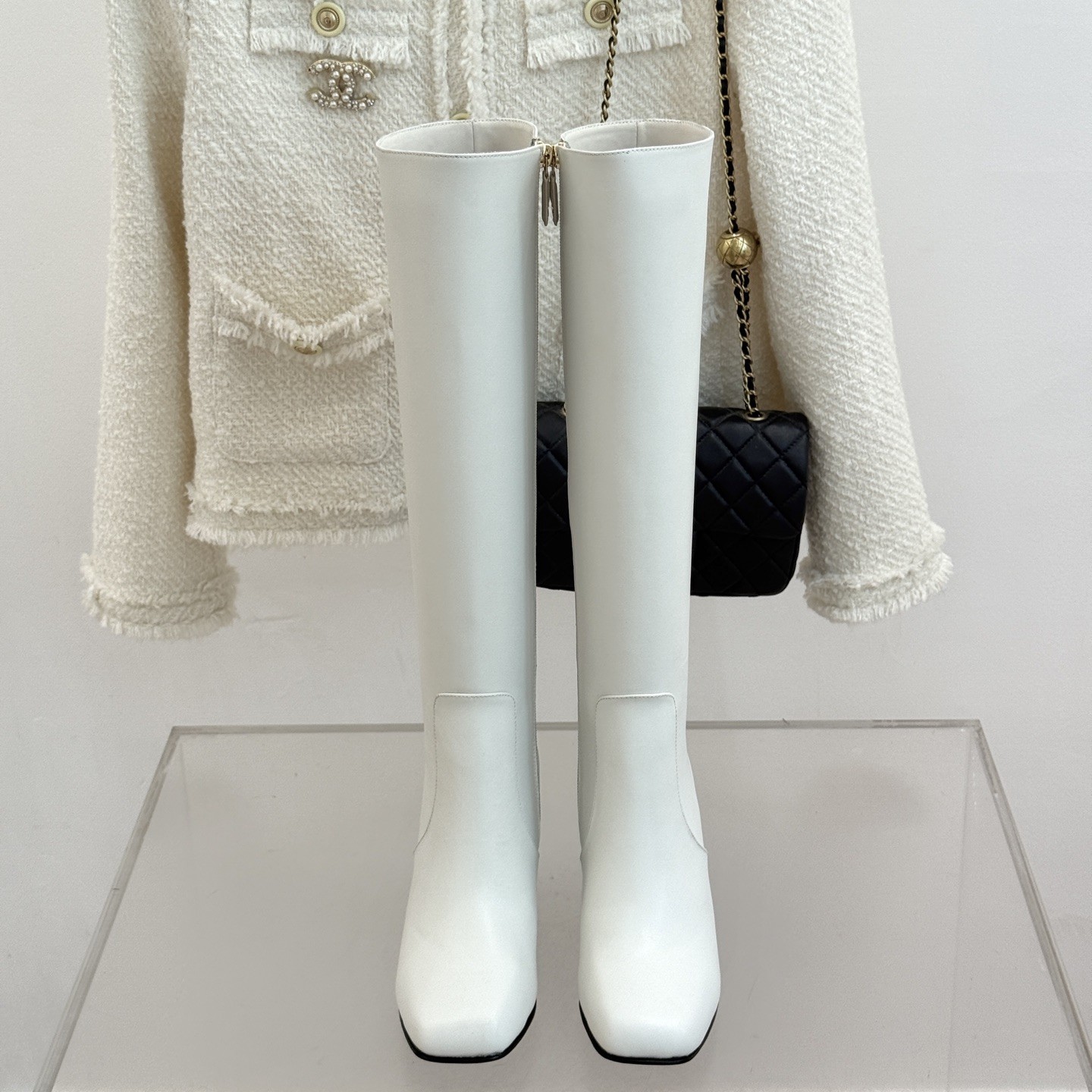 CHANEL Square Toe Block Heel Long Boots in Genuine Lambskin with Italian Leather Sole