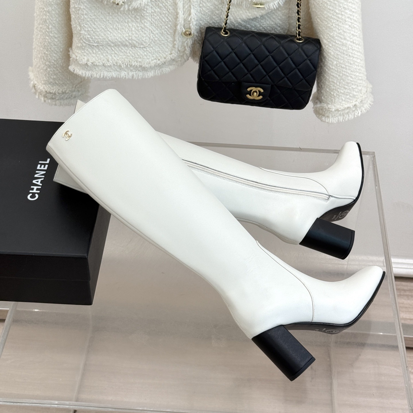 CHANEL Square Toe Block Heel Long Boots in Genuine Lambskin with Italian Leather Sole
