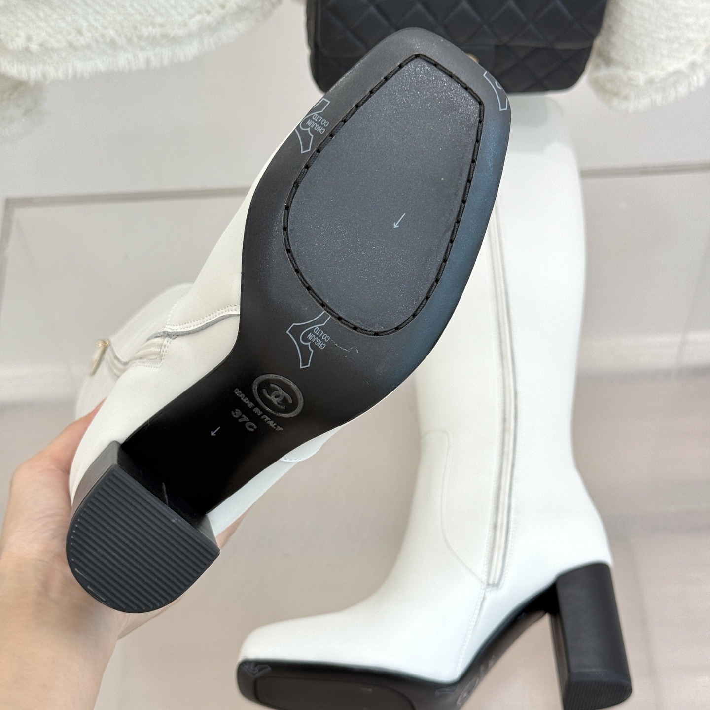 CHANEL Square Toe Block Heel Long Boots in Genuine Lambskin with Italian Leather Sole