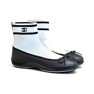 CHANEL Ribbon Ballet Flat Sock Boots in Genuine Lambskin with Knit Shaft and Italian Leather Sole