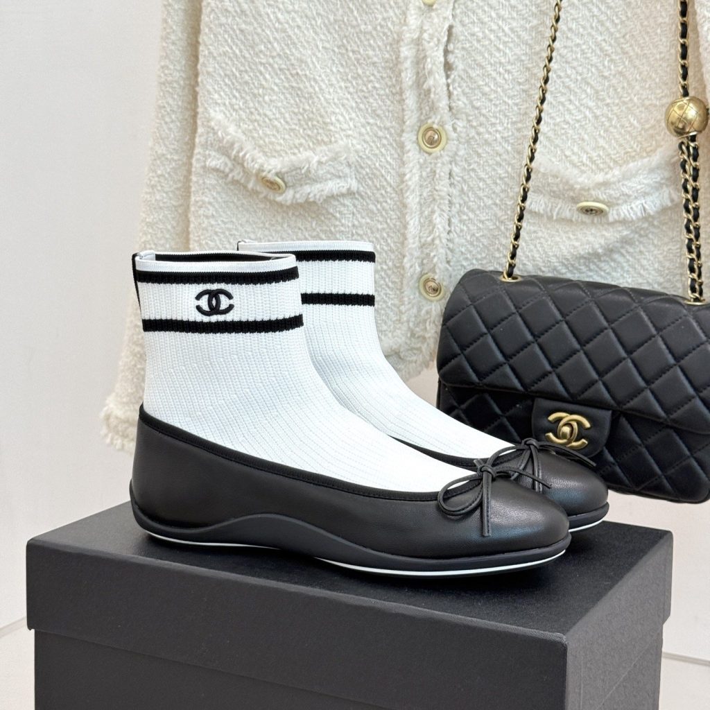 CHANEL Ribbon Ballet Flat Sock Boots in Genuine Lambskin with Knit Shaft and Italian Leather Sole