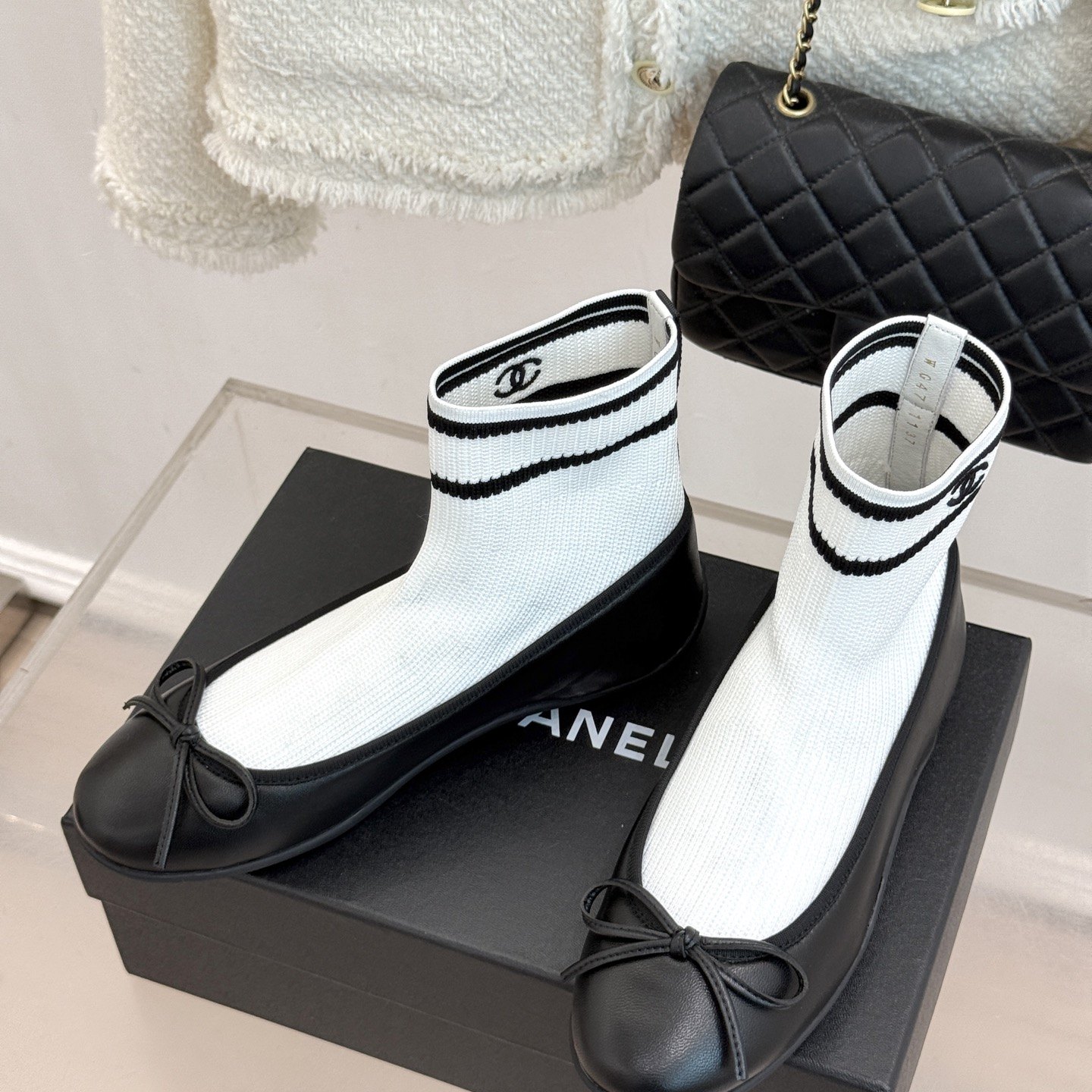 CHANEL Ribbon Ballet Flat Sock Boots in Genuine Lambskin with Knit Shaft and Italian Leather Sole