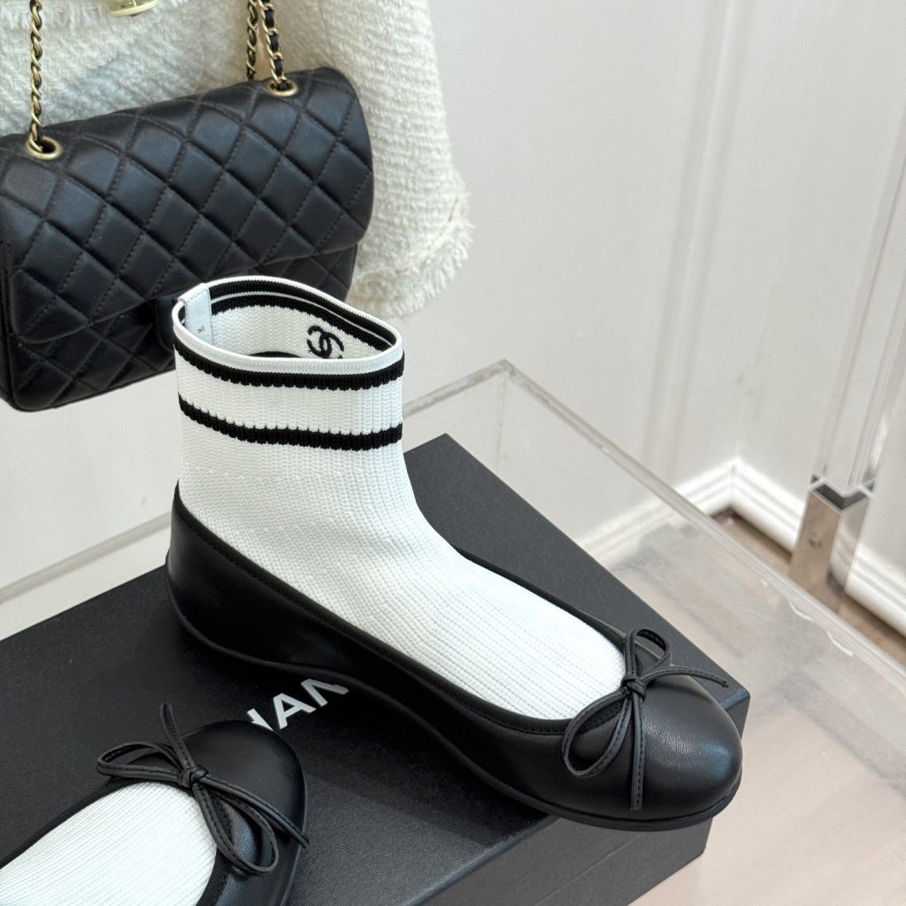 CHANEL Ribbon Ballet Flat Sock Boots in Genuine Lambskin with Knit Shaft and Italian Leather Sole
