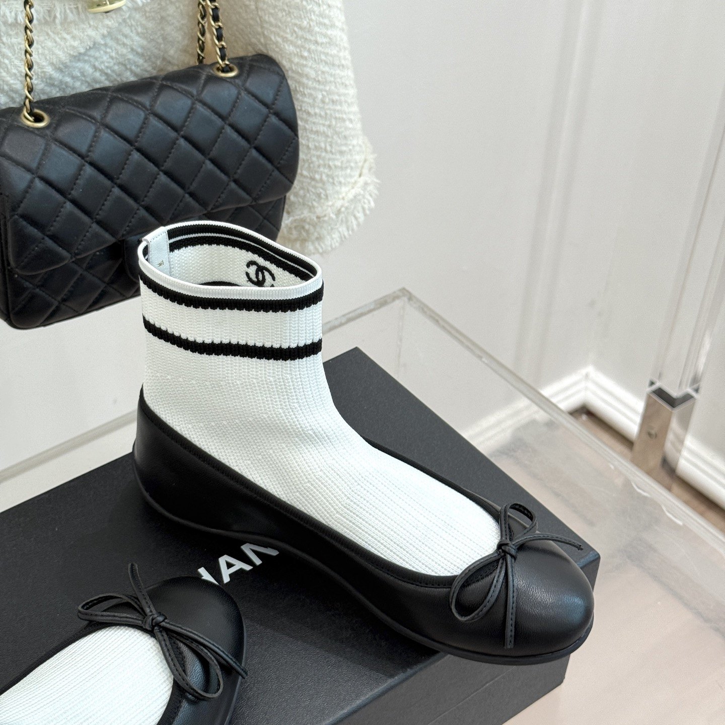 CHANEL Ribbon Ballet Flat Sock Boots in Genuine Lambskin with Knit Shaft and Italian Leather Sole