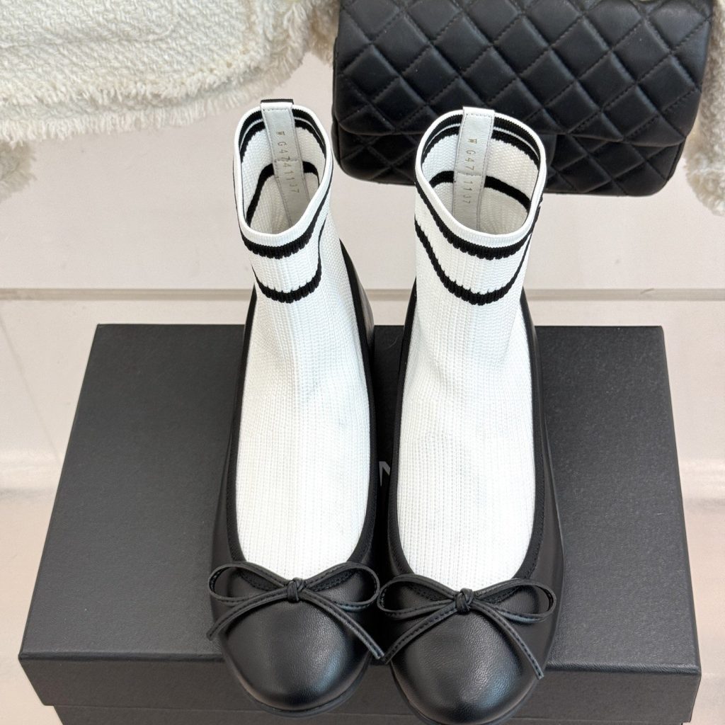 CHANEL Ribbon Ballet Flat Sock Boots in Genuine Lambskin with Knit Shaft and Italian Leather Sole