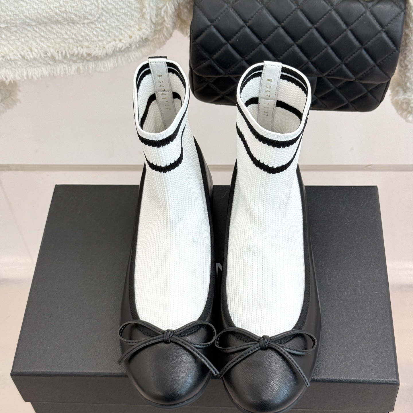 CHANEL Ribbon Ballet Flat Sock Boots in Genuine Lambskin with Knit Shaft and Italian Leather Sole