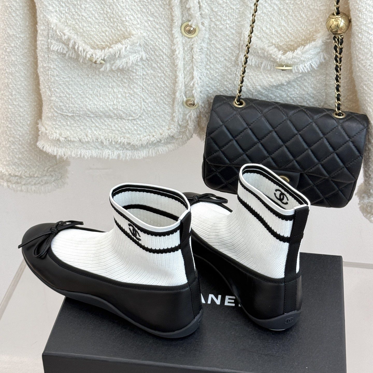 CHANEL Ribbon Ballet Flat Sock Boots in Genuine Lambskin with Knit Shaft and Italian Leather Sole