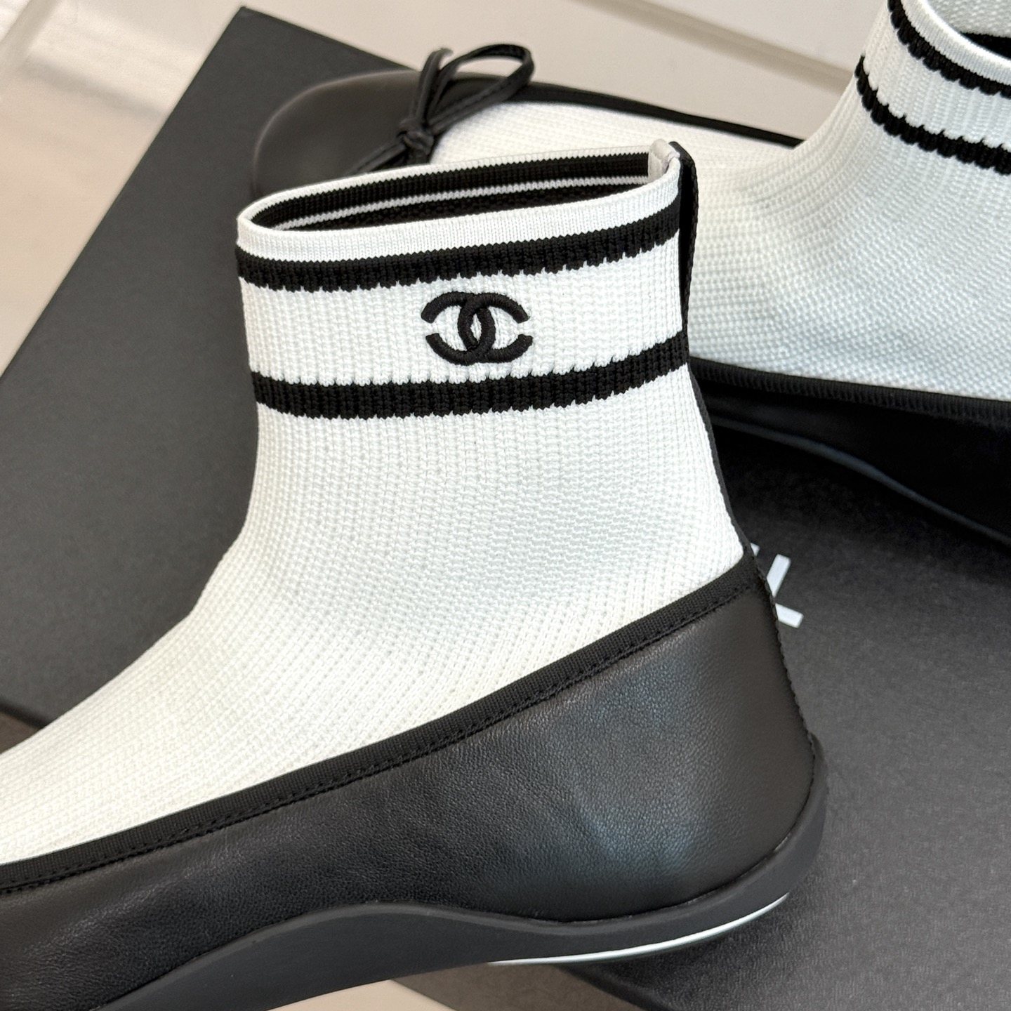 CHANEL Ribbon Ballet Flat Sock Boots in Genuine Lambskin with Knit Shaft and Italian Leather Sole