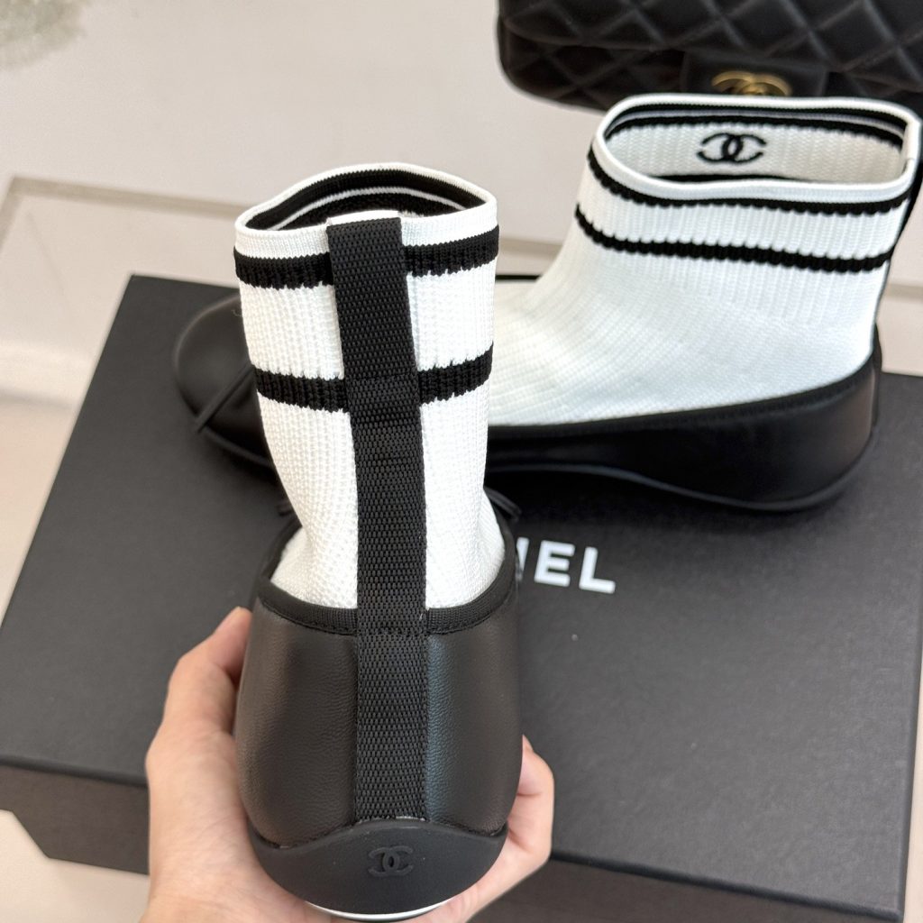 CHANEL Ribbon Ballet Flat Sock Boots in Genuine Lambskin with Knit Shaft and Italian Leather Sole