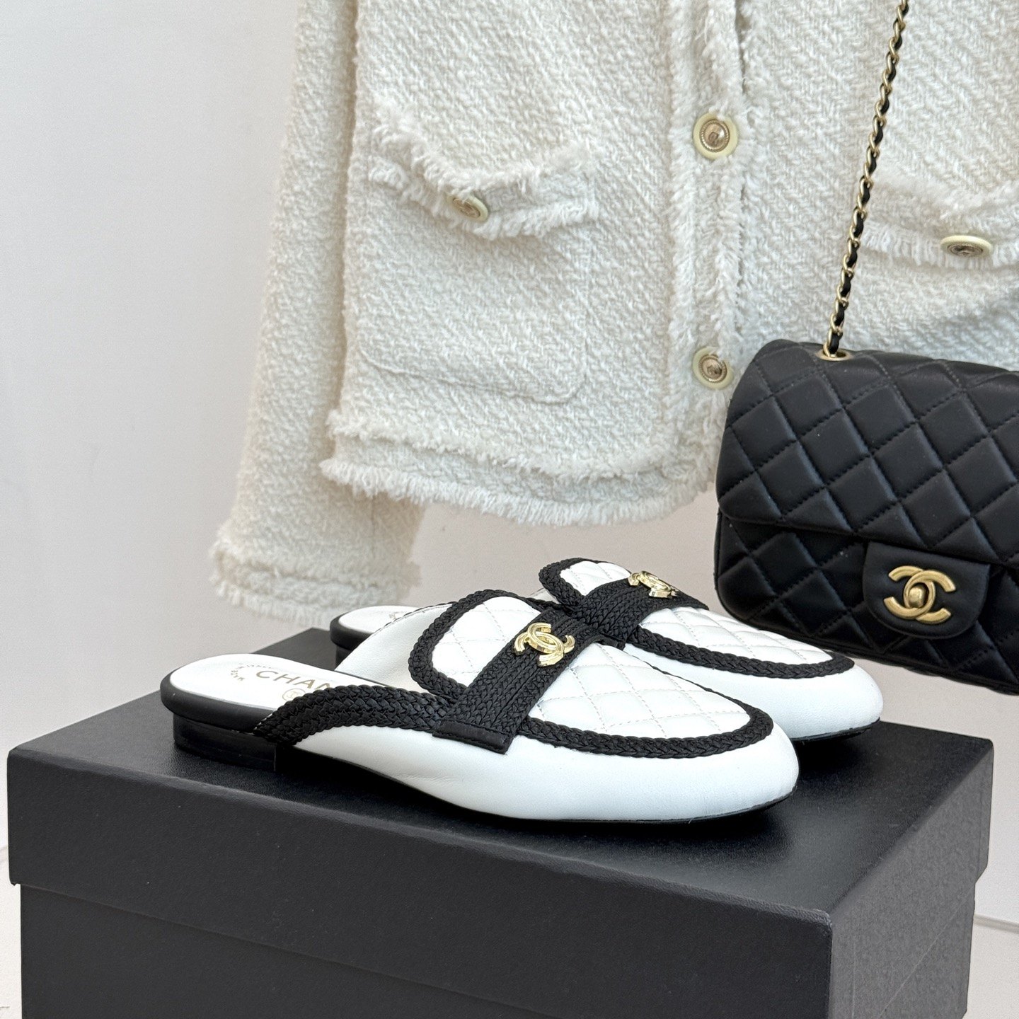 CHANEL Double C Quilted Mule Slippers in Genuine Lambskin with Italian Leather Sole