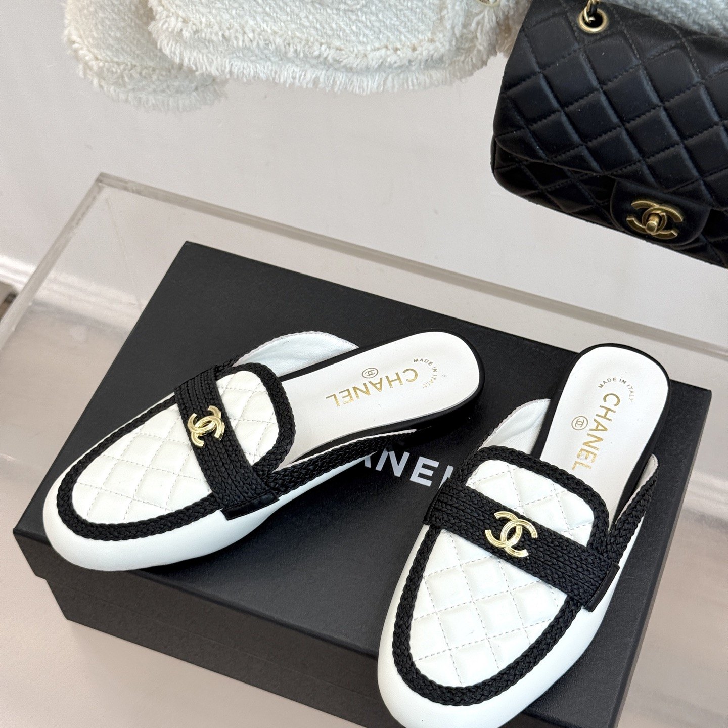 CHANEL Double C Quilted Mule Slippers in Genuine Lambskin with Italian Leather Sole
