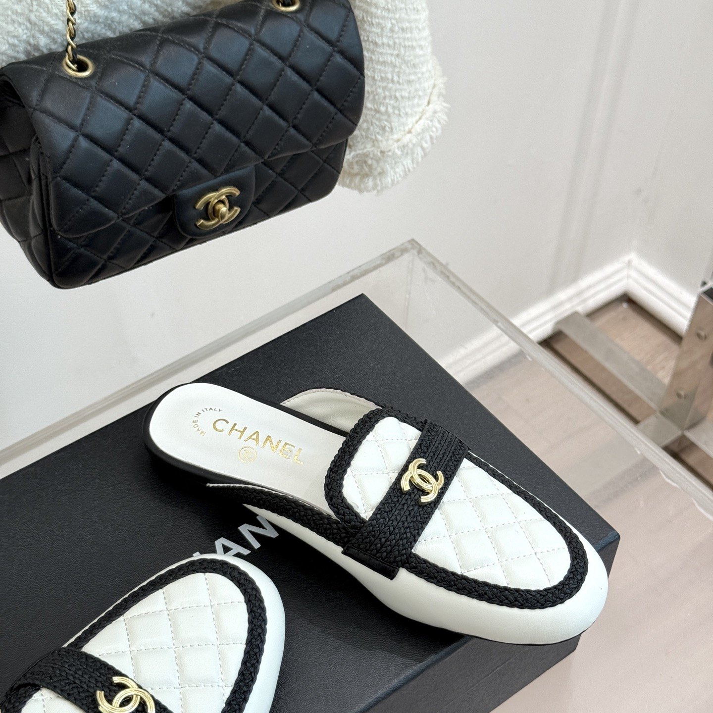 CHANEL Double C Quilted Mule Slippers in Genuine Lambskin with Italian Leather Sole