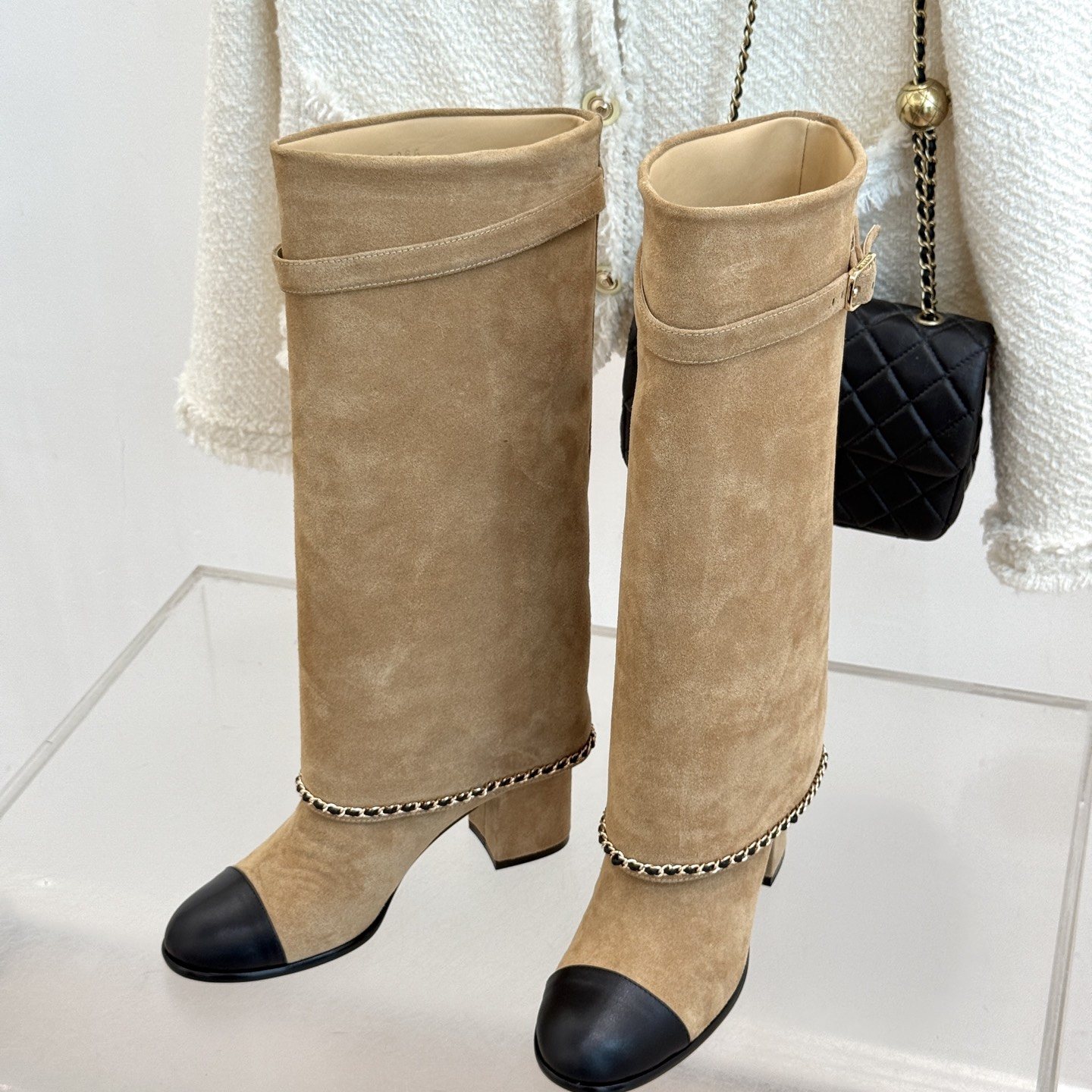 CHANEL Chain Belt Block Heel Short Boots in Genuine Lambskin with Italian Leather Sole