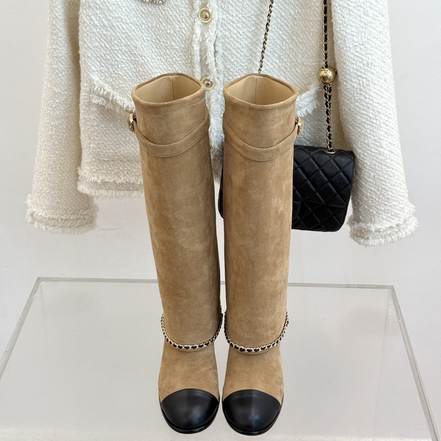 CHANEL Chain Belt Block Heel Short Boots in Genuine Lambskin with Italian Leather Sole