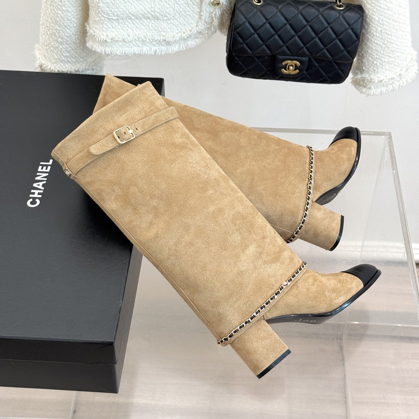 CHANEL Chain Belt Block Heel Short Boots in Genuine Lambskin with Italian Leather Sole