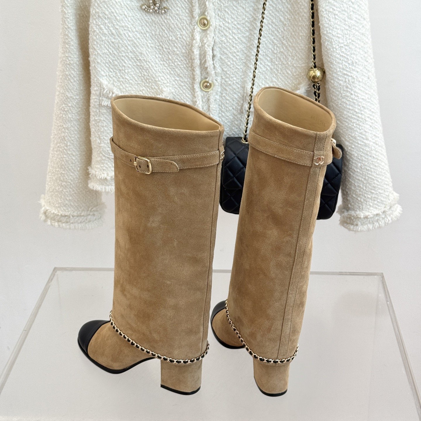 CHANEL Chain Belt Block Heel Short Boots in Genuine Lambskin with Italian Leather Sole