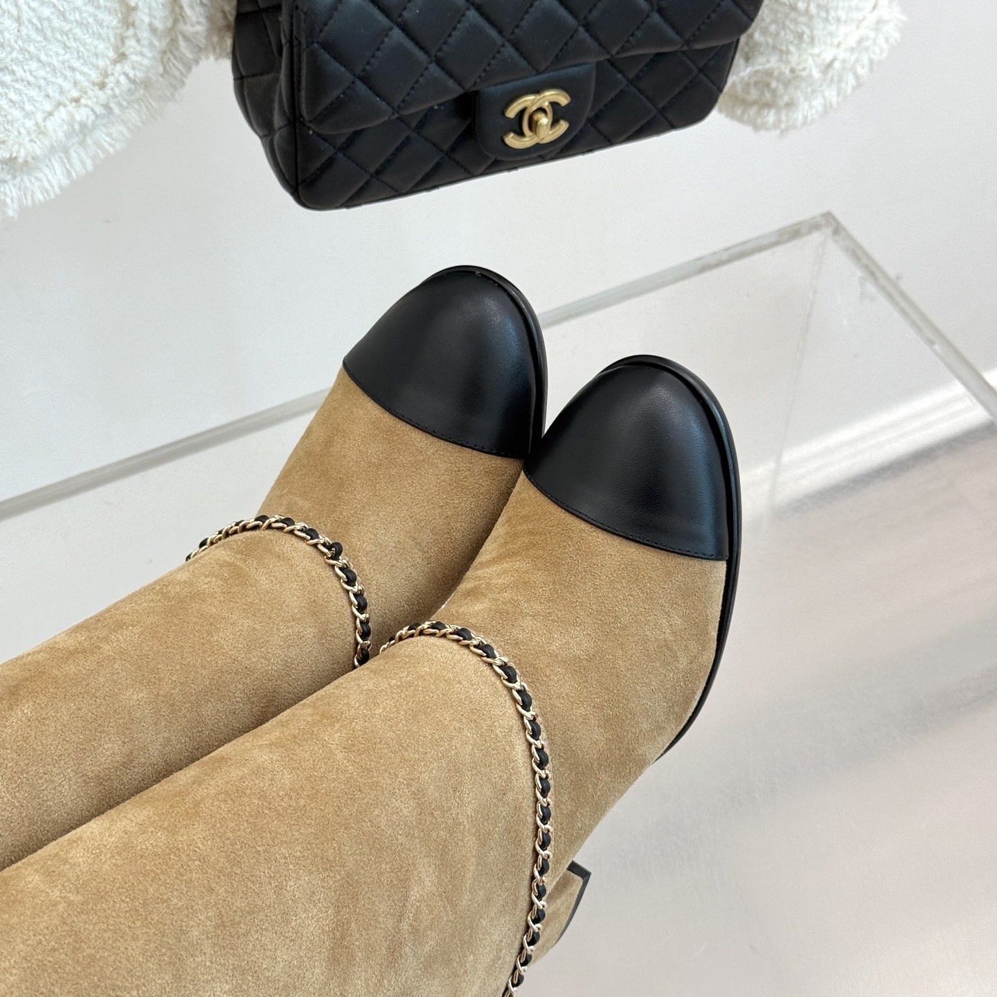 CHANEL Chain Belt Block Heel Short Boots in Genuine Lambskin with Italian Leather Sole