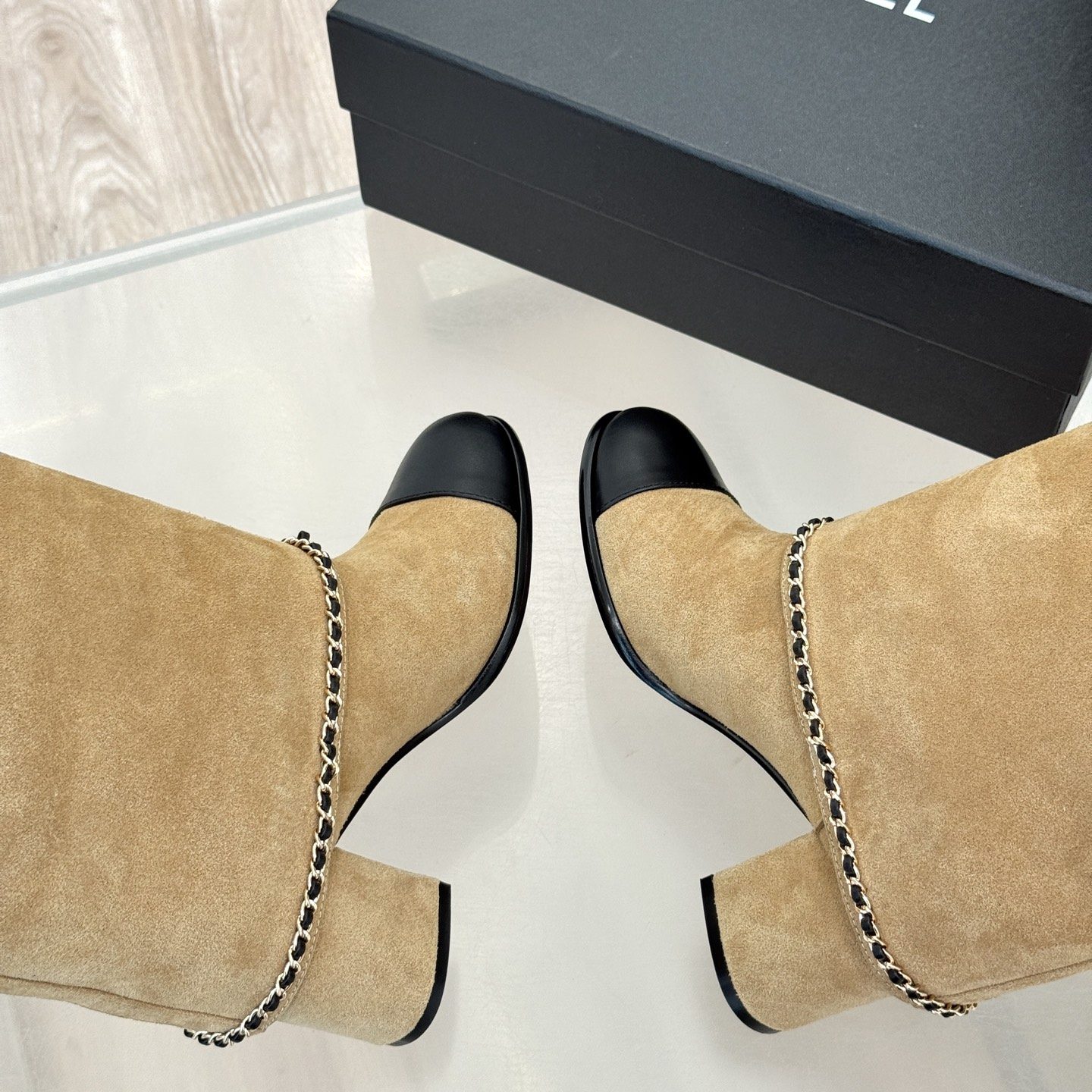 CHANEL Chain Belt Block Heel Short Boots in Genuine Lambskin with Italian Leather Sole