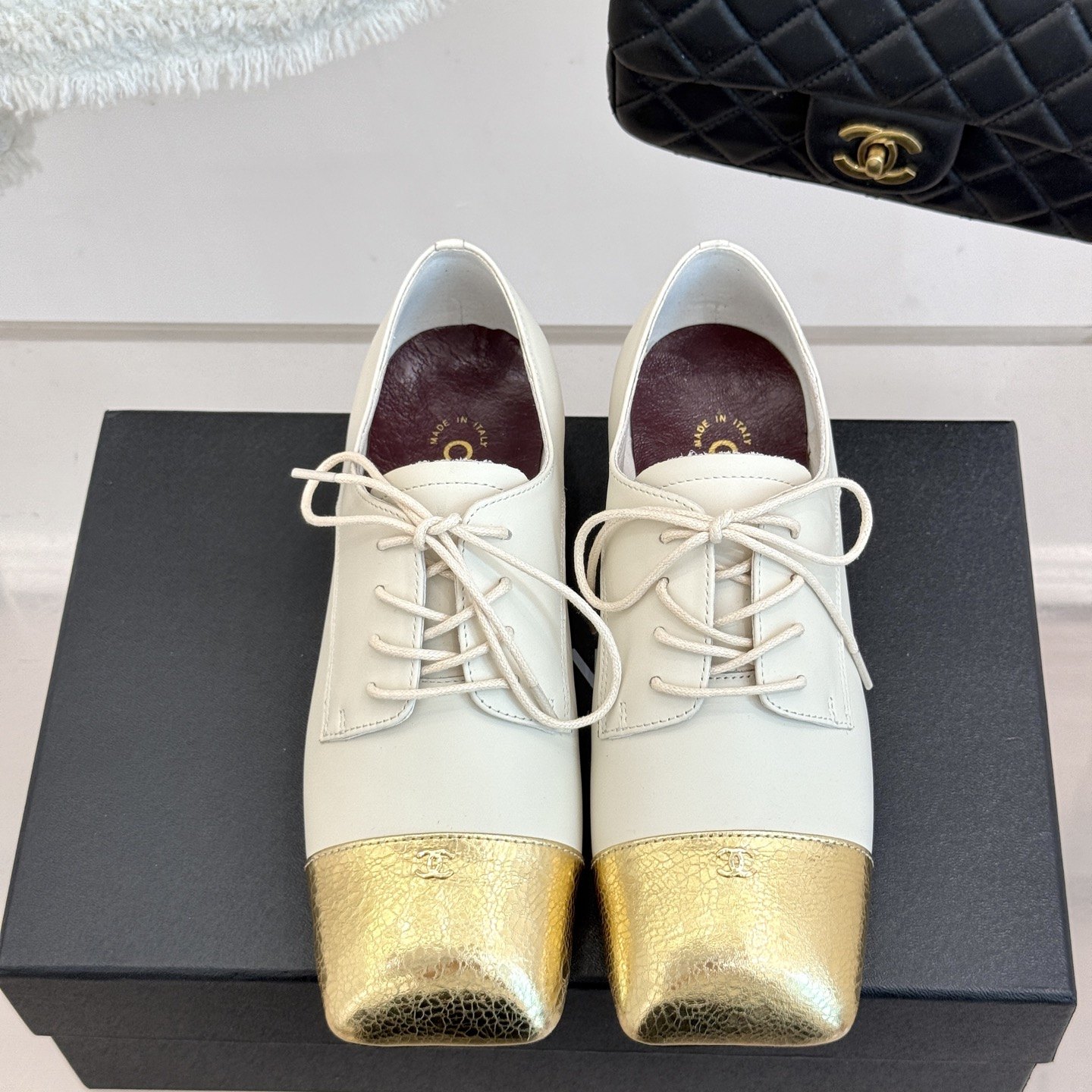 CHANEL Two-Tone Lace-Up Block Heel Oxfords in Genuine Lambskin with Italian Leather Sole
