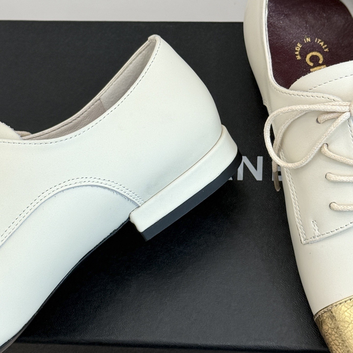 CHANEL Two-Tone Lace-Up Block Heel Oxfords in Genuine Lambskin with Italian Leather Sole