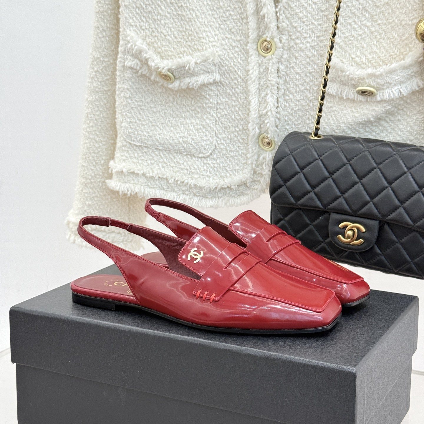 CHANEL Double C Square-Toe Patent Flat Loafer Slippers in Genuine Lambskin with Italian Leather Sole