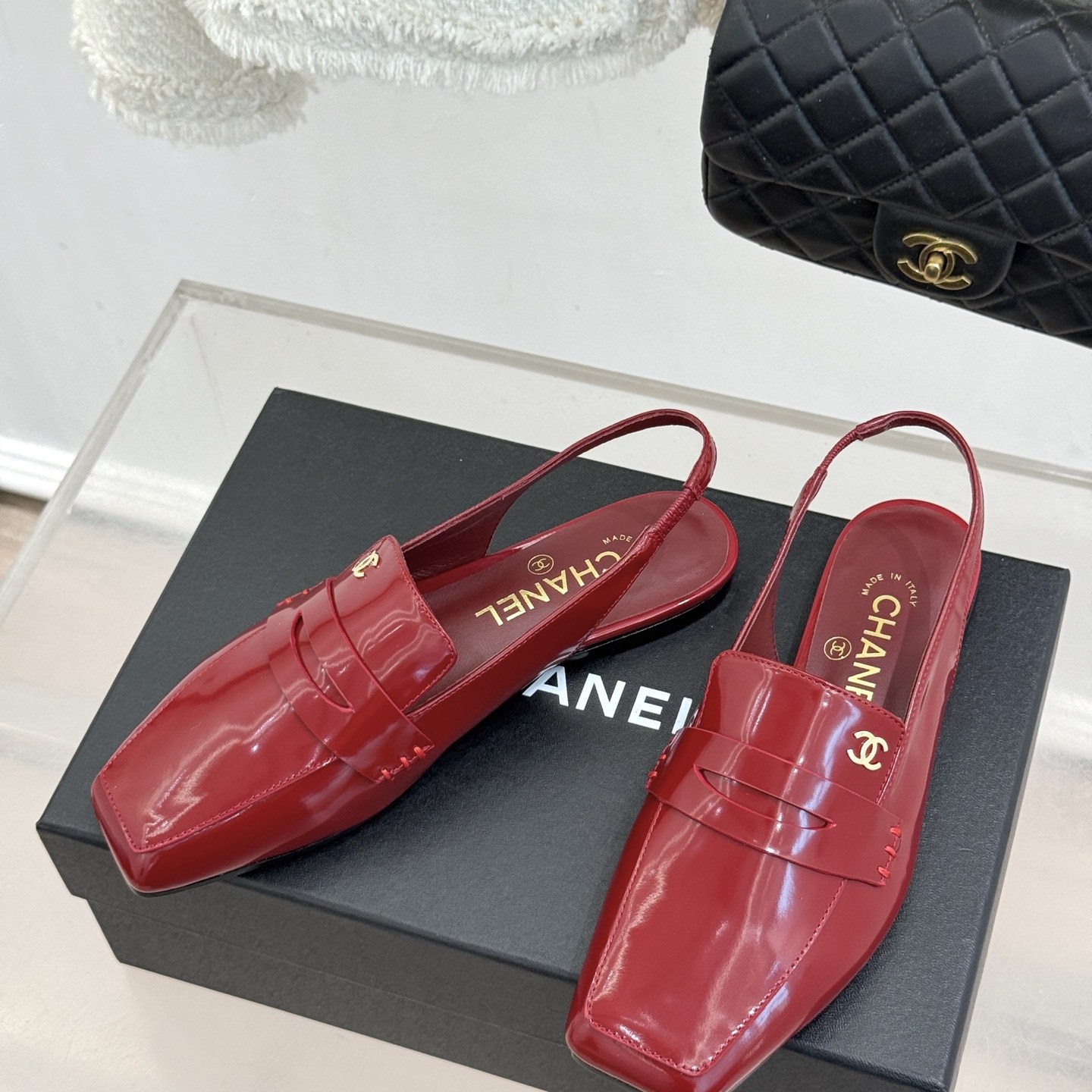 CHANEL Double C Square-Toe Patent Flat Loafer Slippers in Genuine Lambskin with Italian Leather Sole