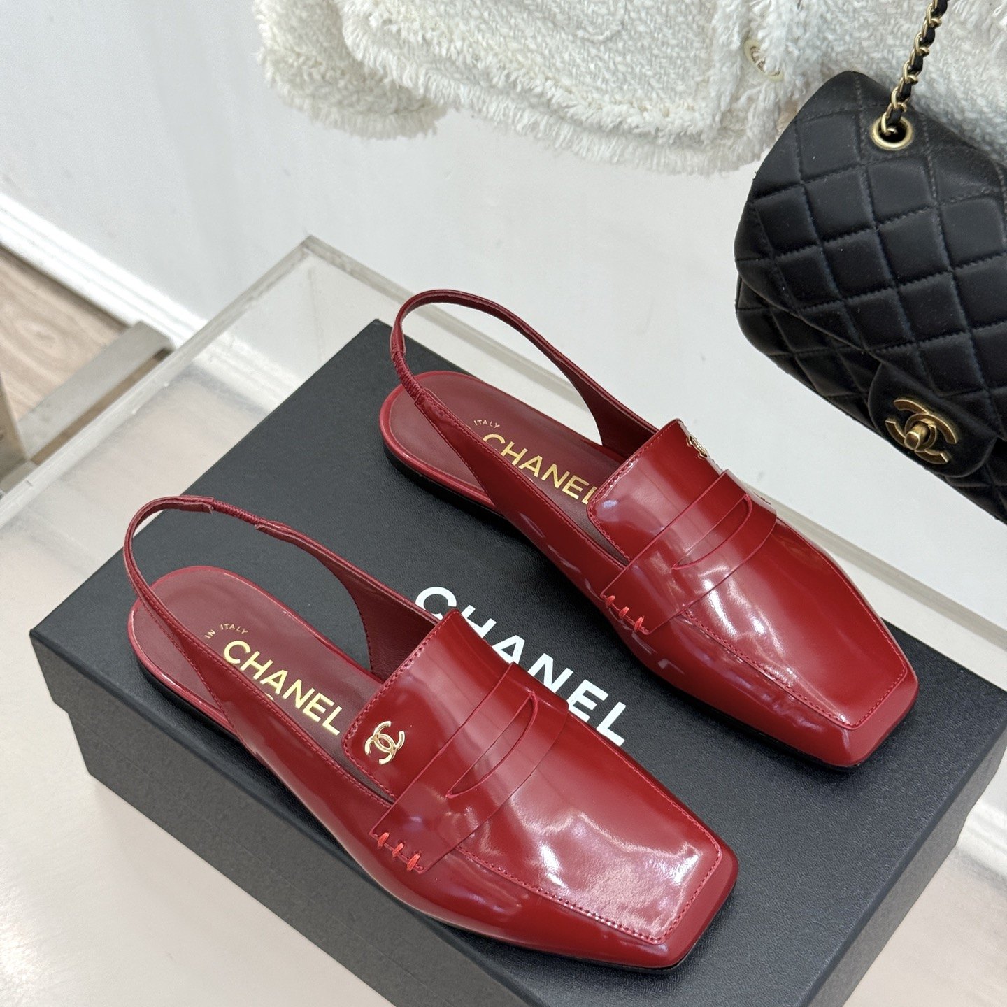 CHANEL Double C Square-Toe Patent Flat Loafer Slippers in Genuine Lambskin with Italian Leather Sole