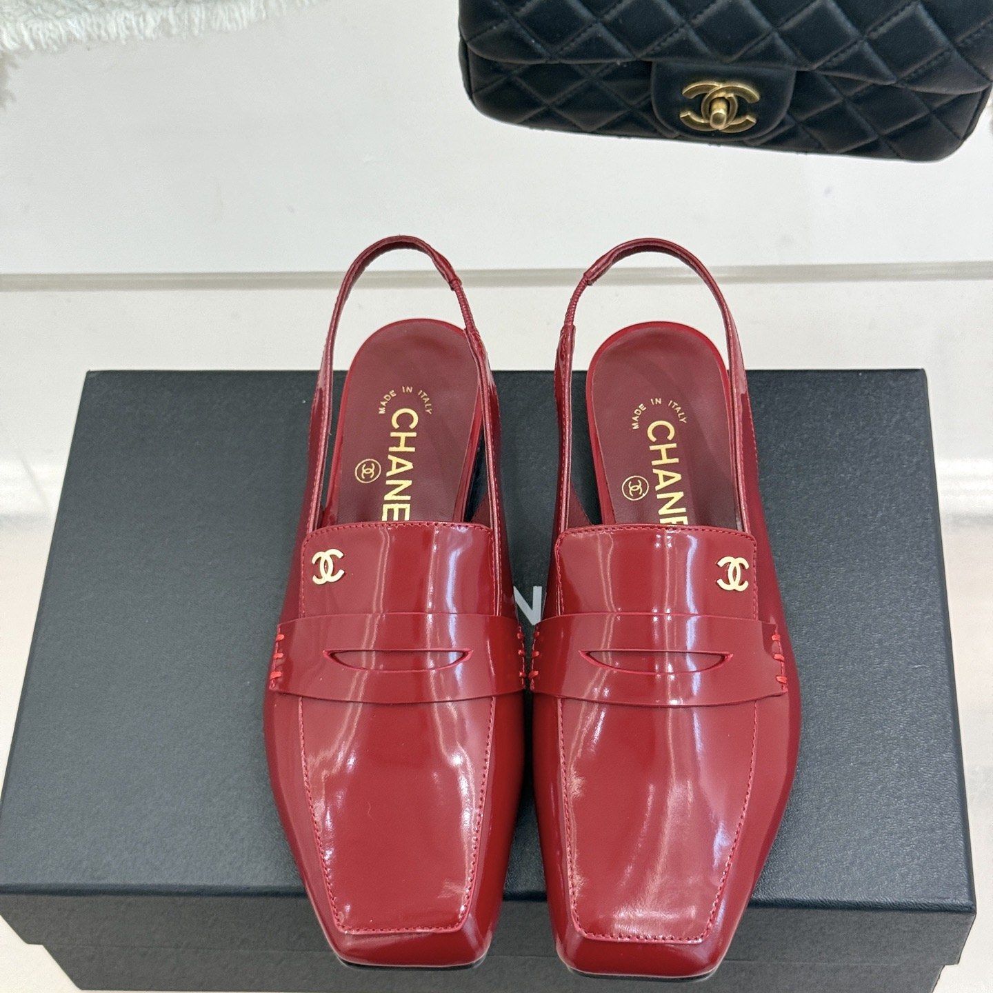 CHANEL Double C Square-Toe Patent Flat Loafer Slippers in Genuine Lambskin with Italian Leather Sole