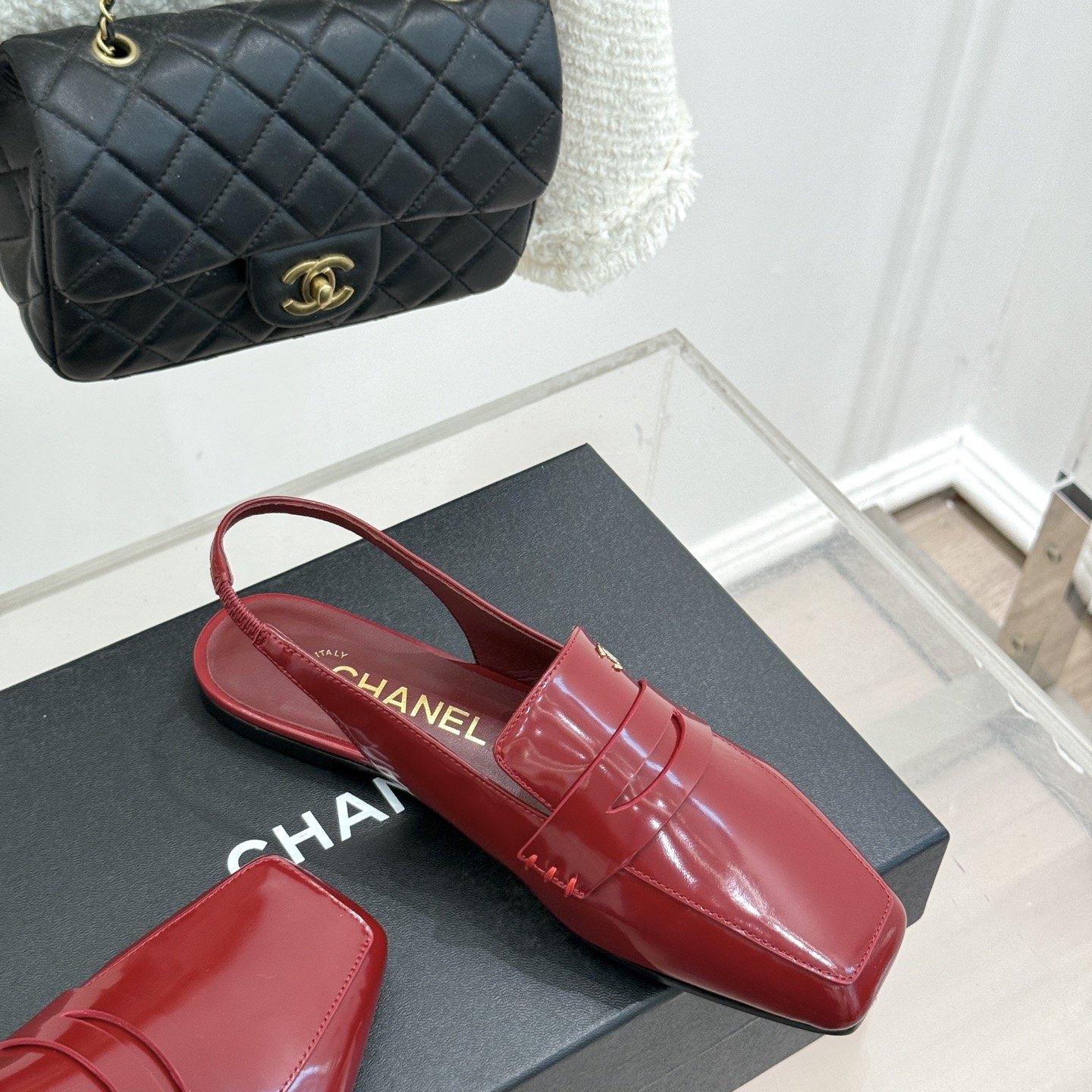 CHANEL Double C Square-Toe Patent Flat Loafer Slippers in Genuine Lambskin with Italian Leather Sole