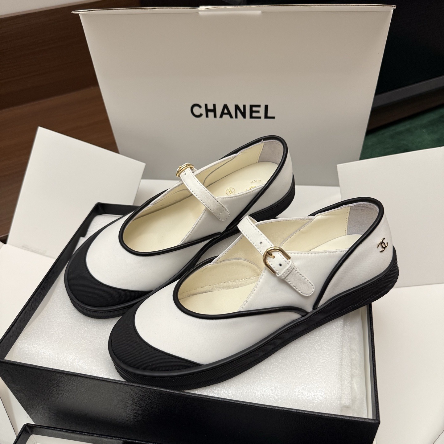 CHANEL Classic Mary Jane with Two-Tone Rubber Toe in Silk and Lambskin with TPU Outsole