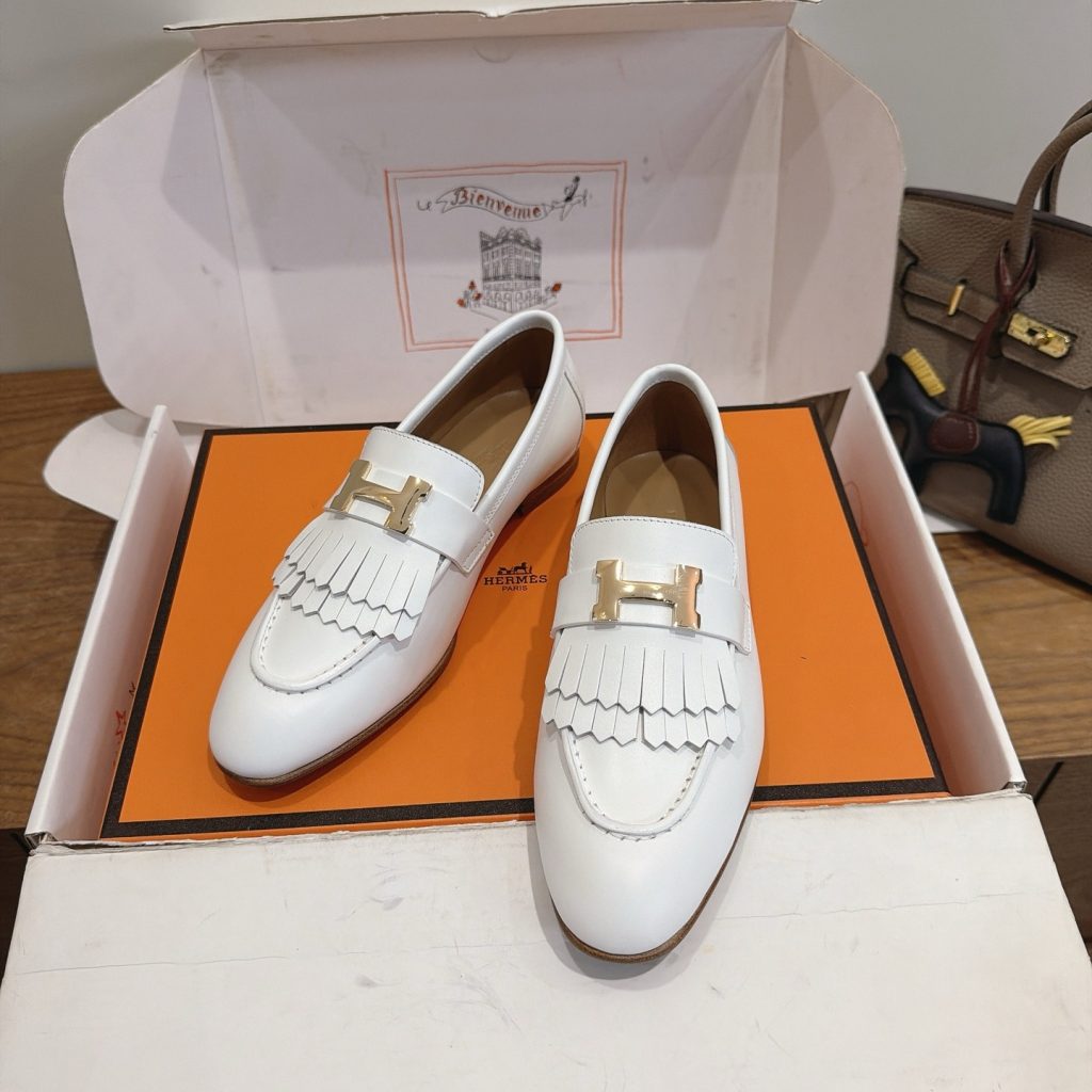 HERMES Paris Loafer Slip-Ons with Metal H Buckle in Genuine Leather with Italian Leather Sole