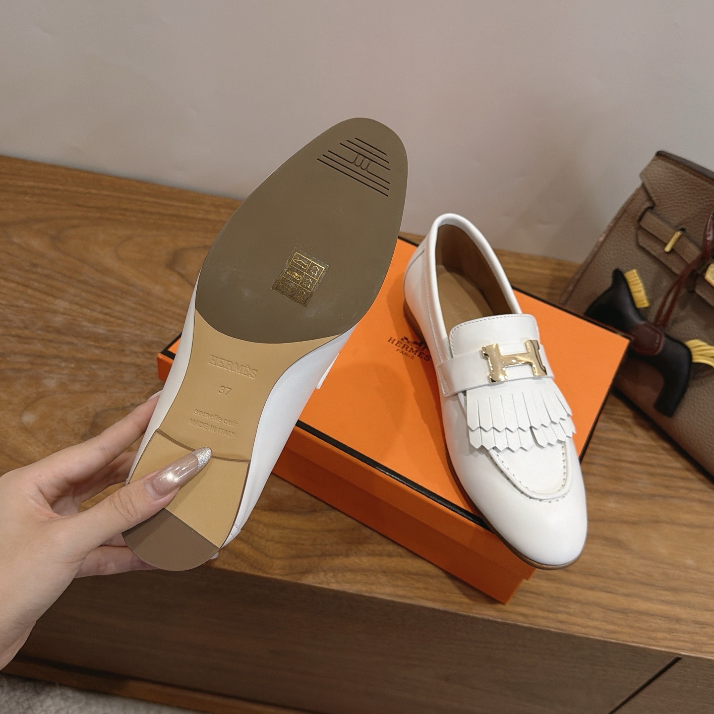 HERMES Paris Loafer Slip-Ons with Metal H Buckle in Genuine Leather with Italian Leather Sole