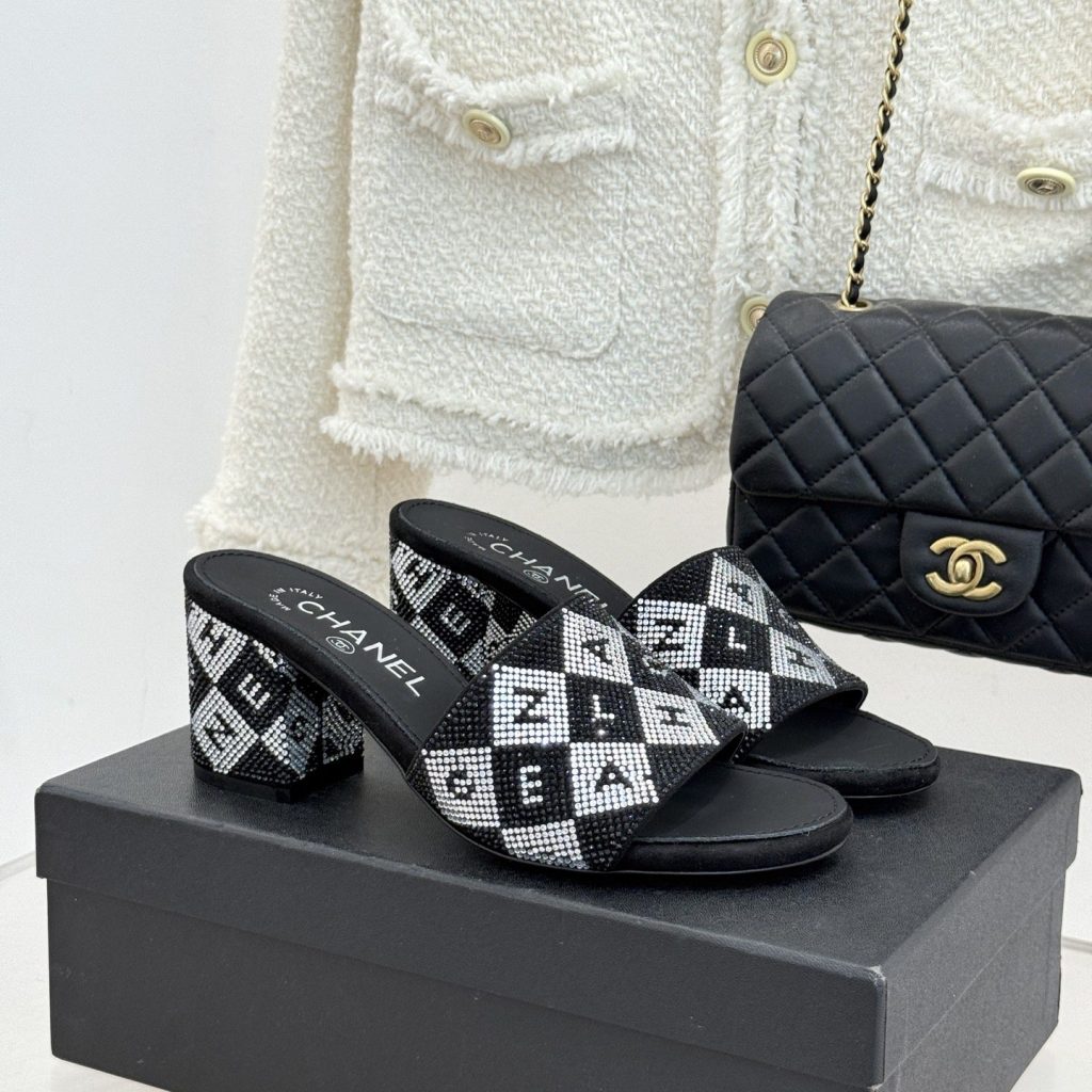 CHANEL Classic Crystal Double C Letter Slippers in Genuine Lambskin with Italian Leather Sole
