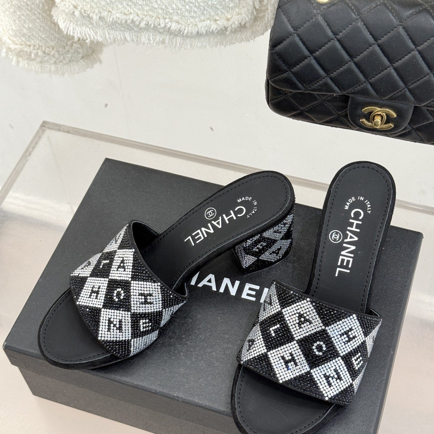 CHANEL Classic Crystal Double C Letter Slippers in Genuine Lambskin with Italian Leather Sole