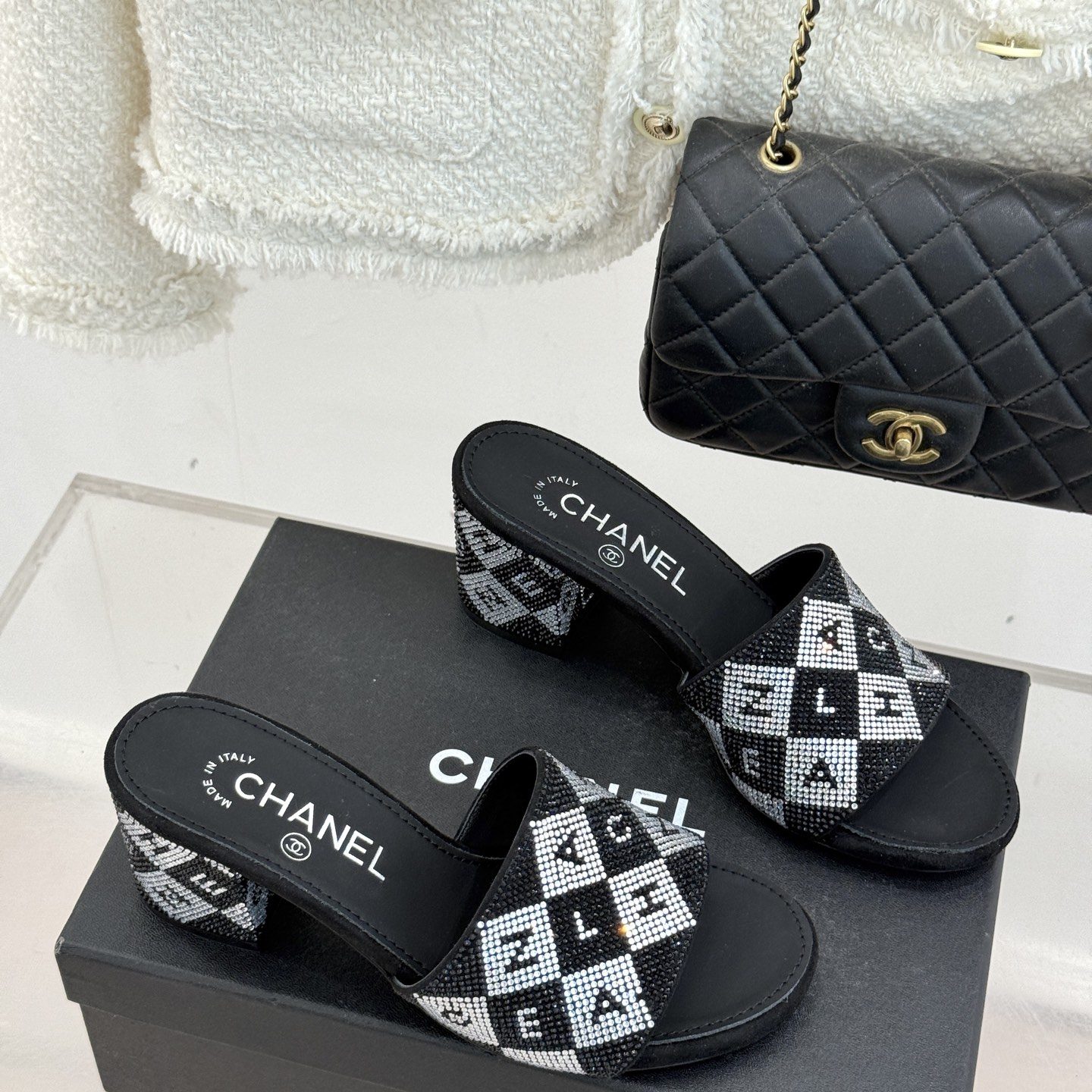 CHANEL Classic Crystal Double C Letter Slippers in Genuine Lambskin with Italian Leather Sole
