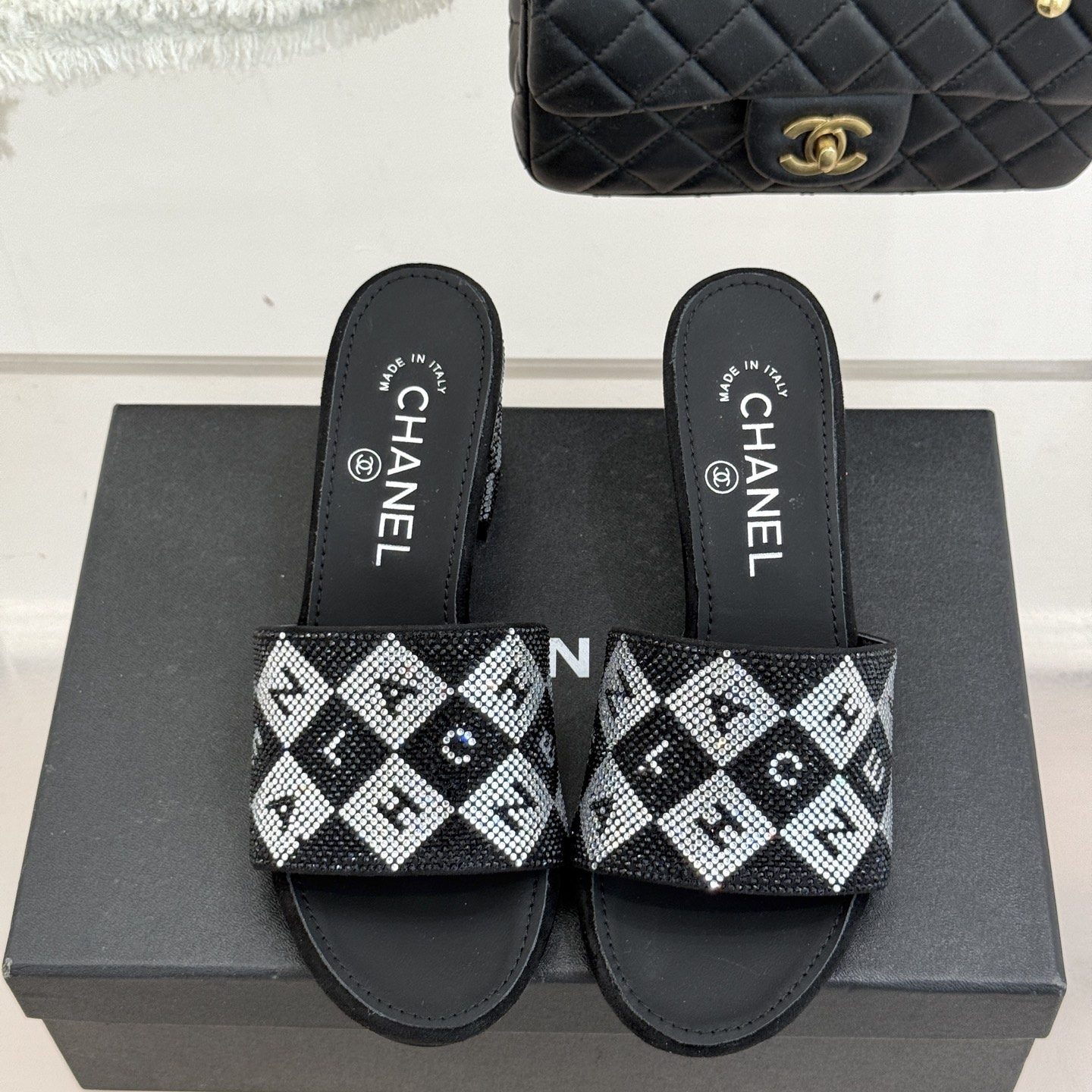 CHANEL Classic Crystal Double C Letter Slippers in Genuine Lambskin with Italian Leather Sole