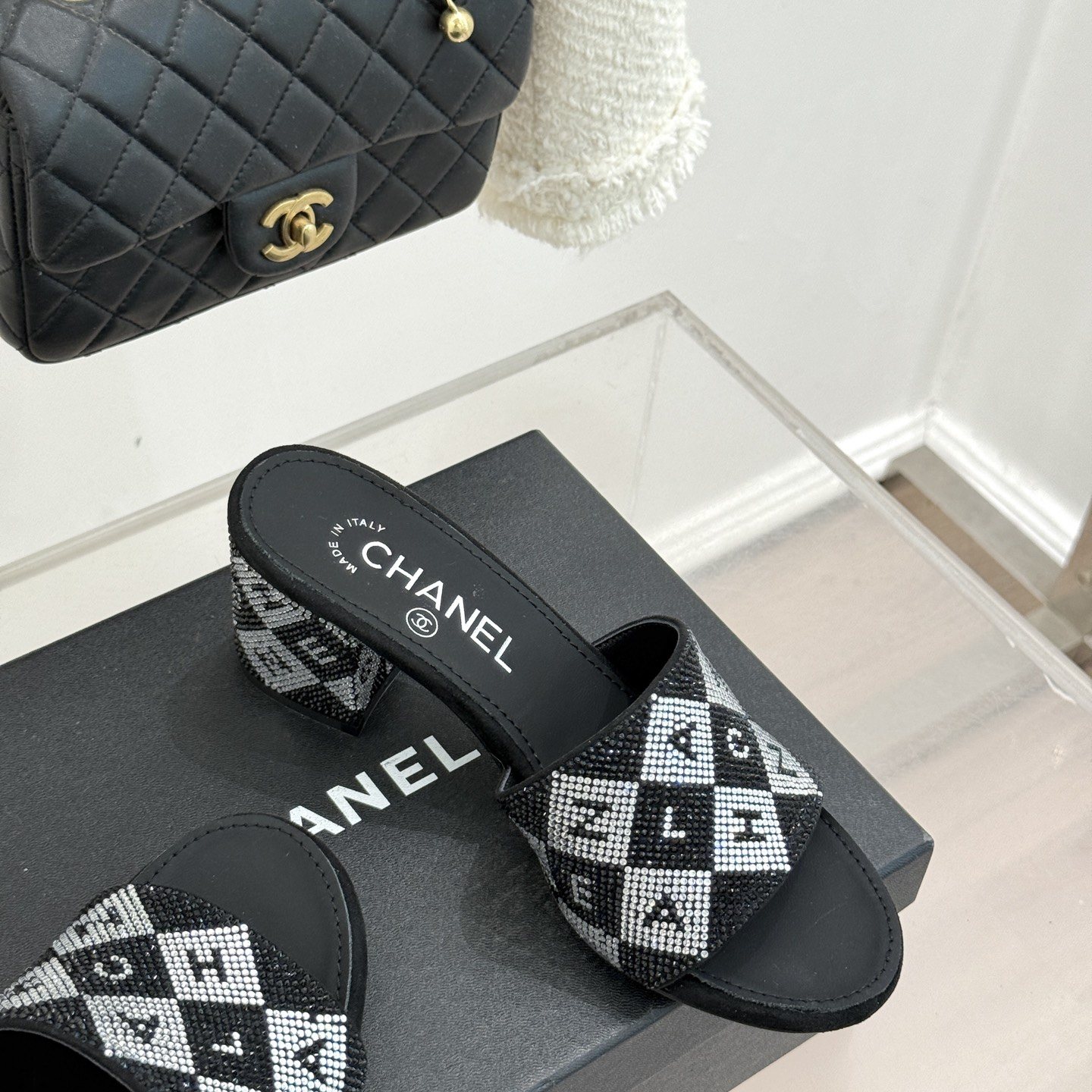 CHANEL Classic Crystal Double C Letter Slippers in Genuine Lambskin with Italian Leather Sole