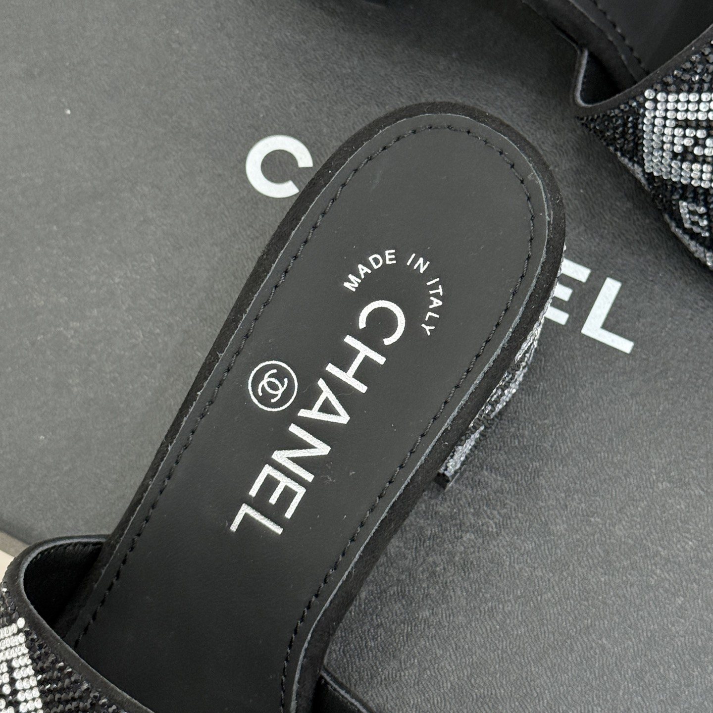 CHANEL Classic Crystal Double C Letter Slippers in Genuine Lambskin with Italian Leather Sole