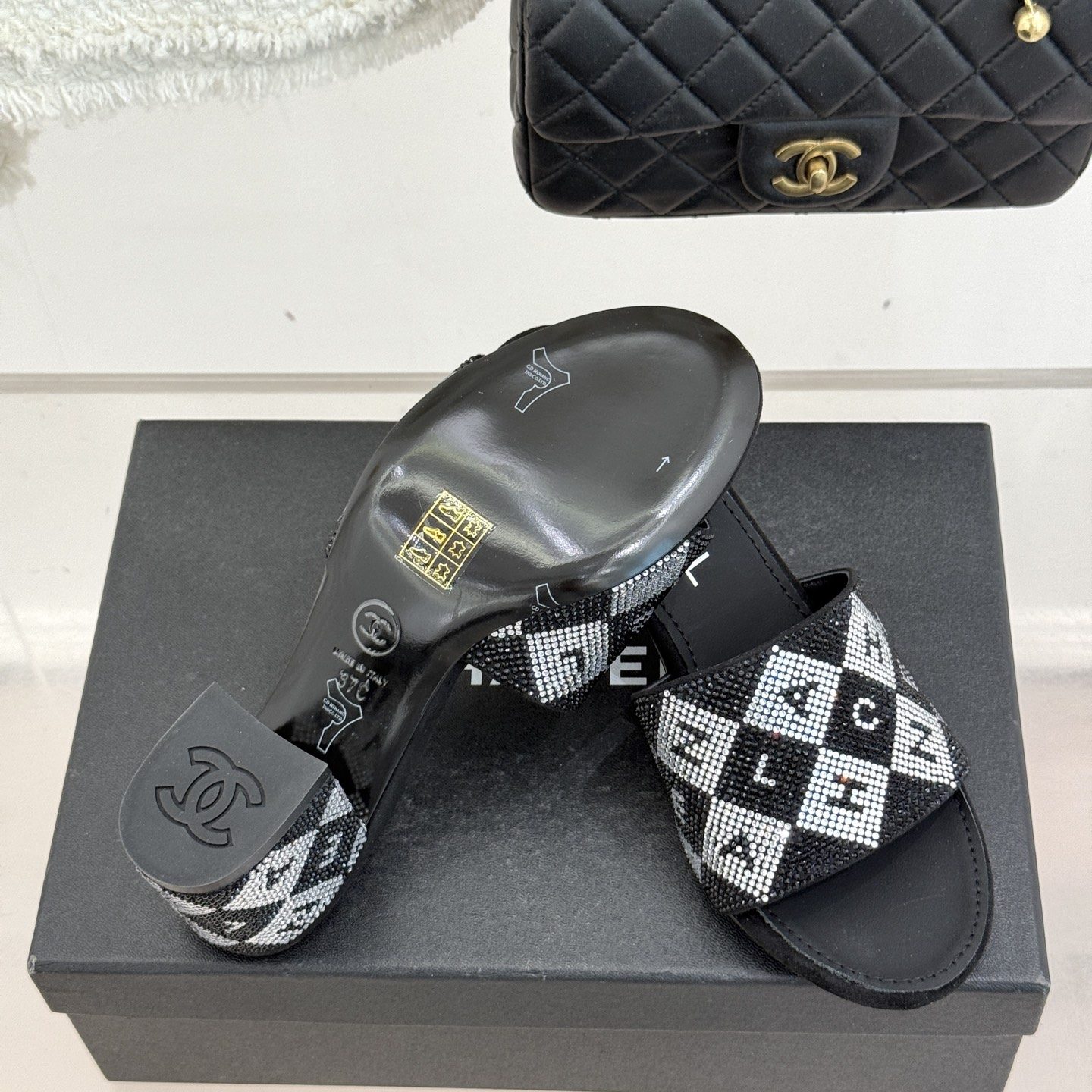 CHANEL Classic Crystal Double C Letter Slippers in Genuine Lambskin with Italian Leather Sole