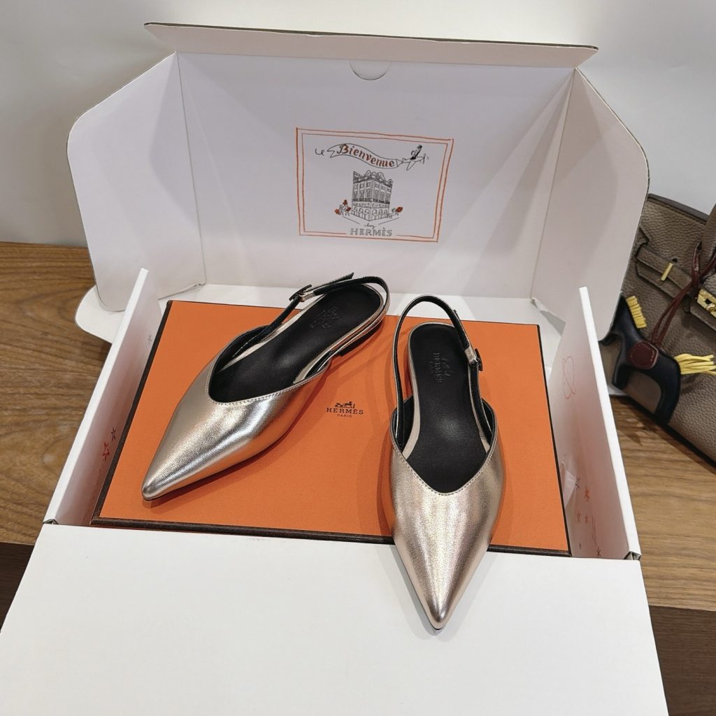 Hermes Eclair Pointed Toe Backless Slingback Flats in Genuine Calfskin with Wool Lining and Italian Leather Sole