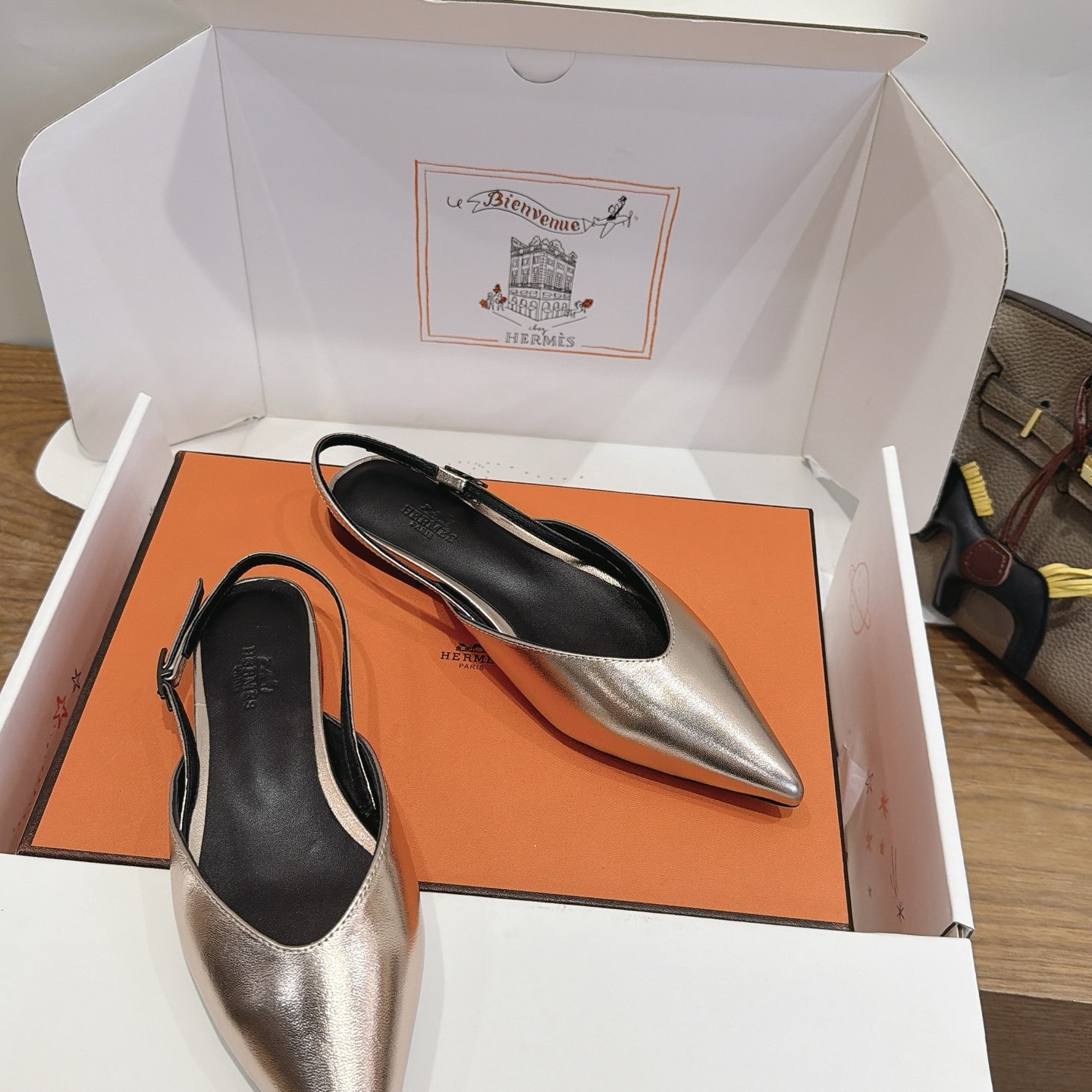 Hermes Eclair Pointed Toe Backless Slingback Flats in Genuine Calfskin with Wool Lining and Italian Leather Sole