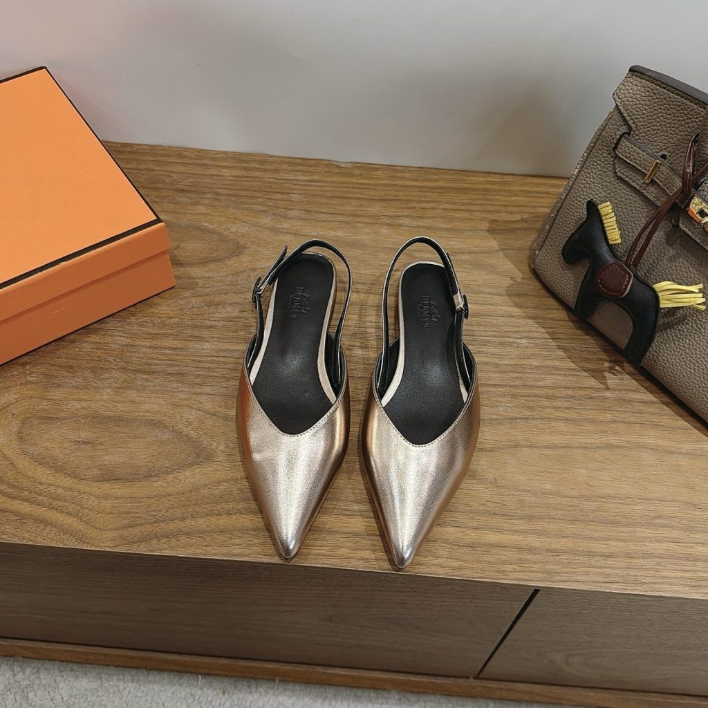 Hermes Eclair Pointed Toe Backless Slingback Flats in Genuine Calfskin with Wool Lining and Italian Leather Sole