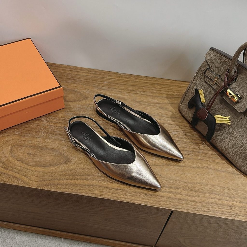 Hermes Eclair Pointed Toe Backless Slingback Flats in Genuine Calfskin with Wool Lining and Italian Leather Sole
