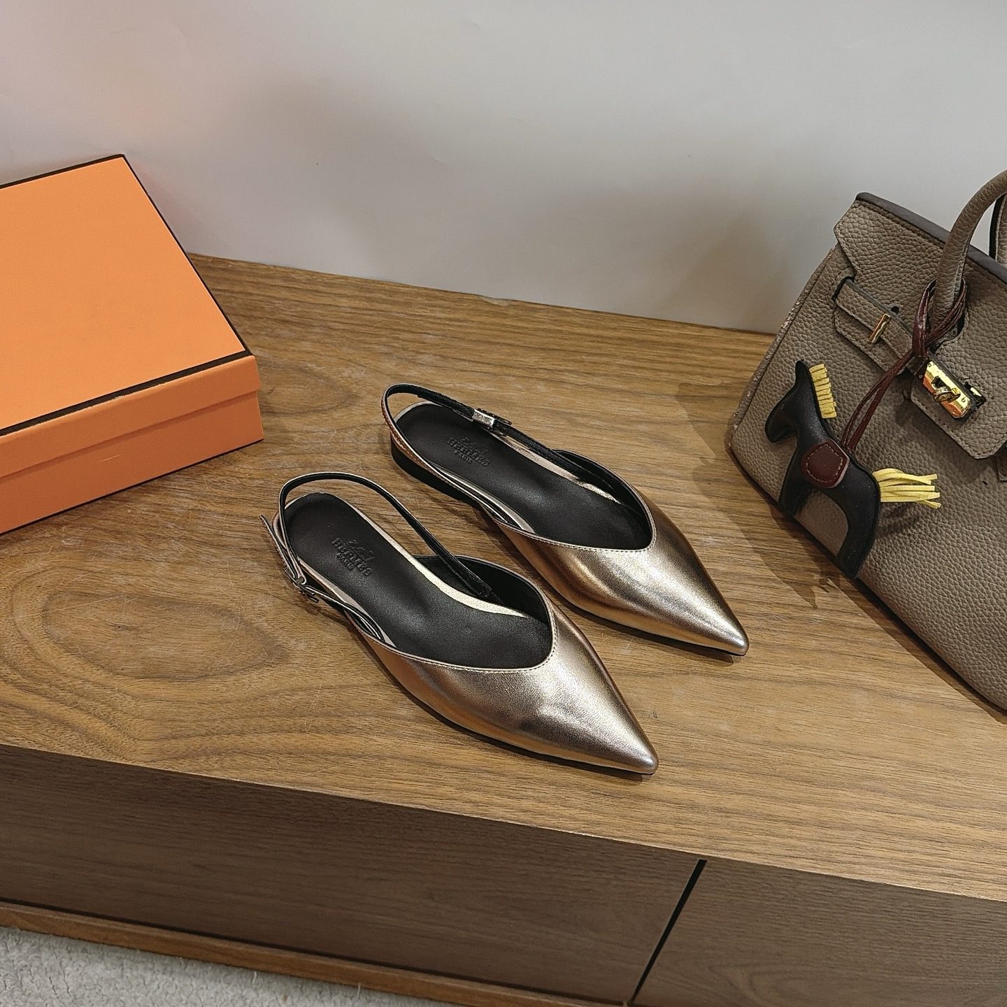 Hermes Eclair Pointed Toe Backless Slingback Flats in Genuine Calfskin with Wool Lining and Italian Leather Sole