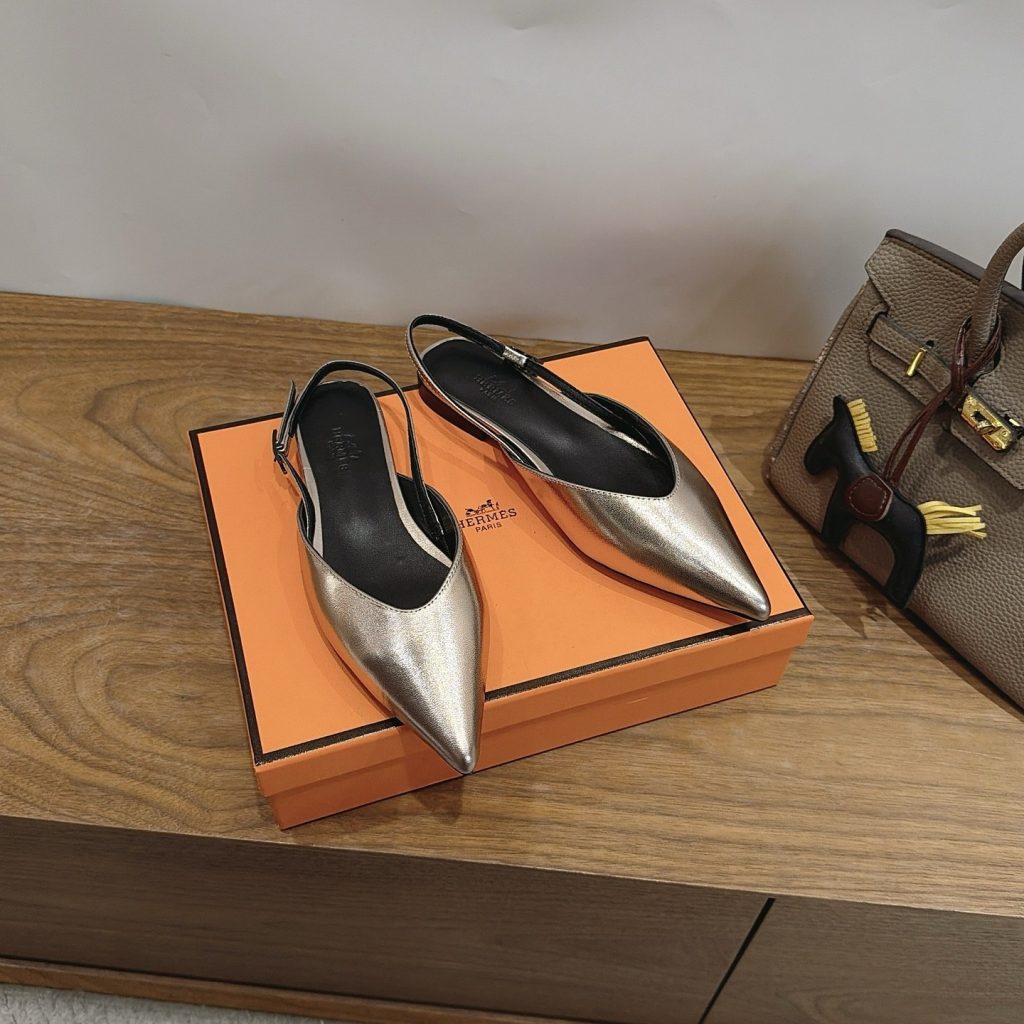 Hermes Eclair Pointed Toe Backless Slingback Flats in Genuine Calfskin with Wool Lining and Italian Leather Sole
