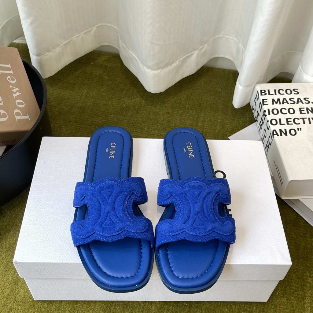 Celine Triomphe Open-Toe Flat Sandals Lambskin Calfskin Lining Italian Leather Sole