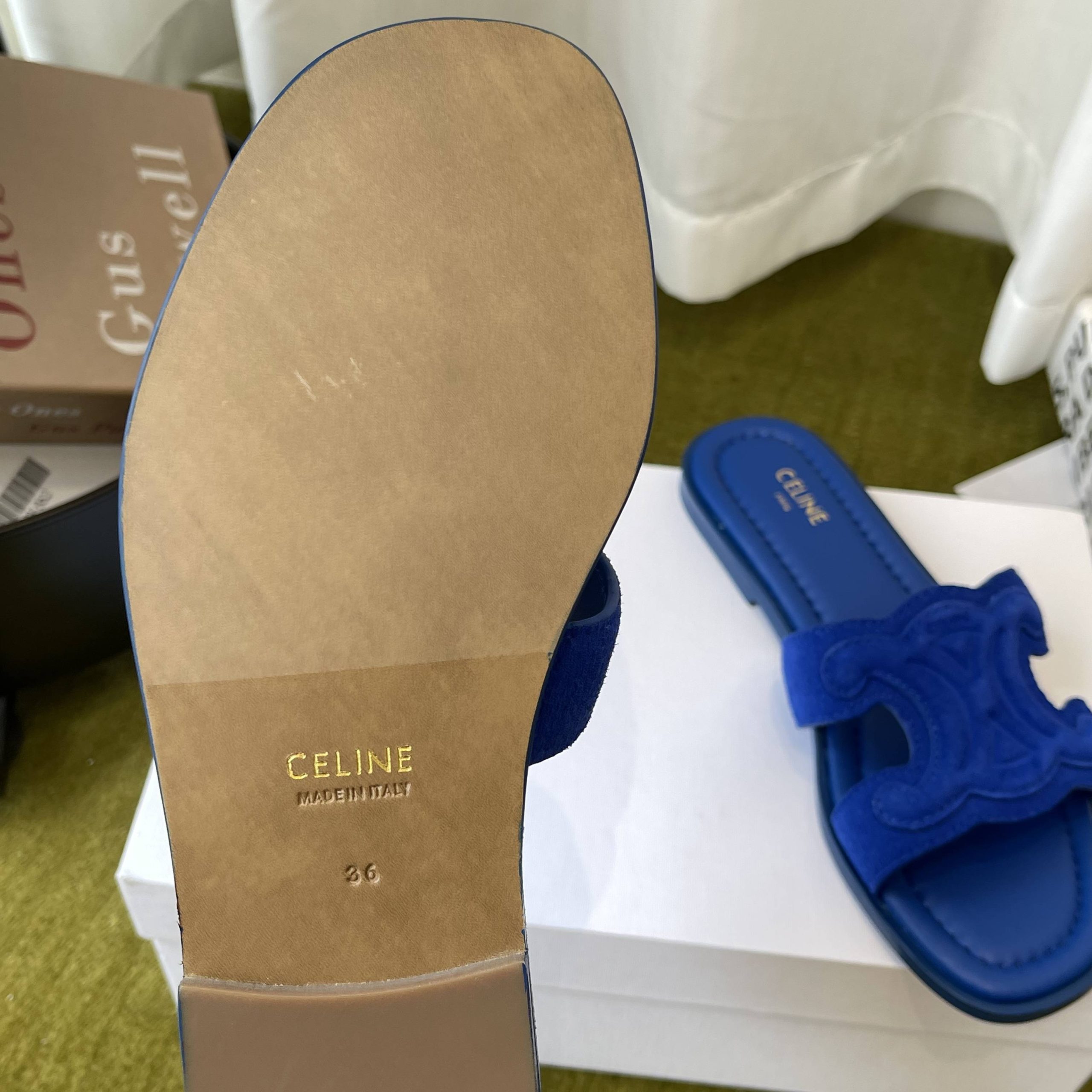 Celine Triomphe Open-Toe Flat Sandals Lambskin Calfskin Lining Italian Leather Sole