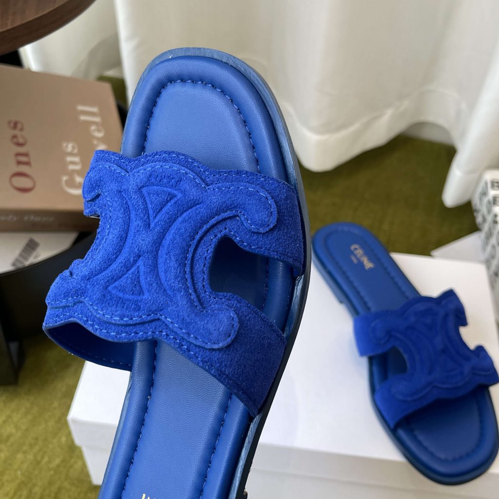 Celine Triomphe Open-Toe Flat Sandals Lambskin Calfskin Lining Italian Leather Sole